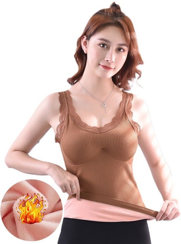 Frackson Brown Lace Strap XS Size Padded Winter Slips Fleece Camisole Warm Stretchy Women Top Thermal-picture-18