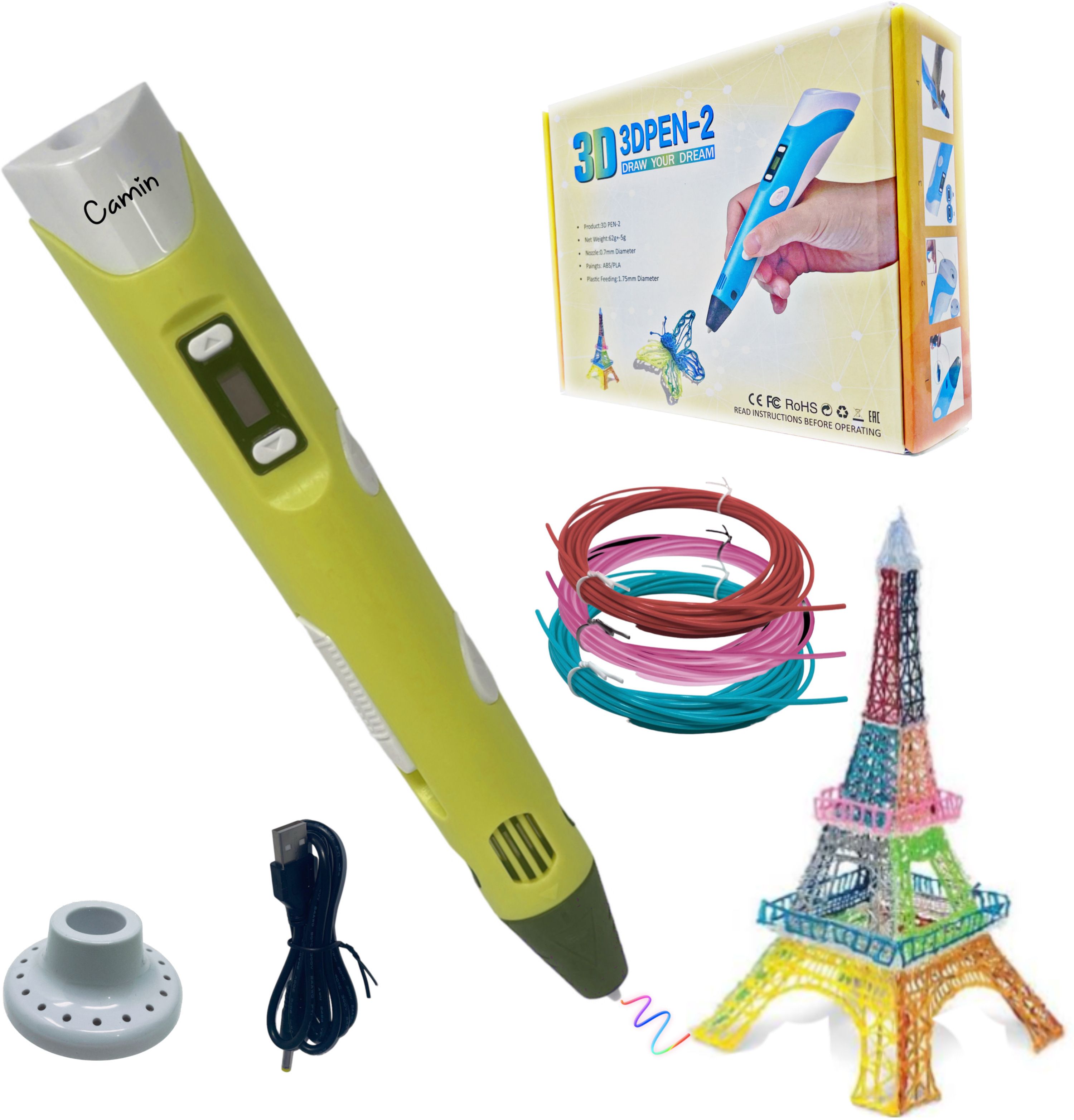 camin 3D Pen| 3D Pen with USB Cable| 3D Pen for Kids (3 Color PLA Filament) Yellow 3D Printer Pen-picture-11