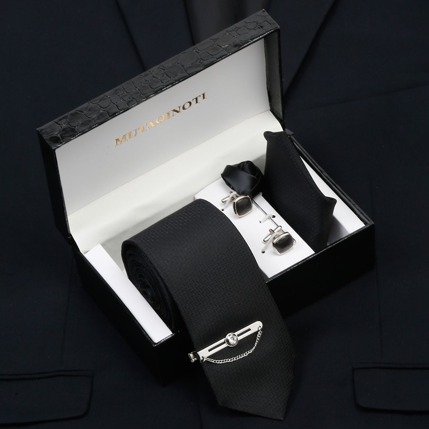 MUTAQINOTI Silk Cufflink & Tie Pin Set-image-27