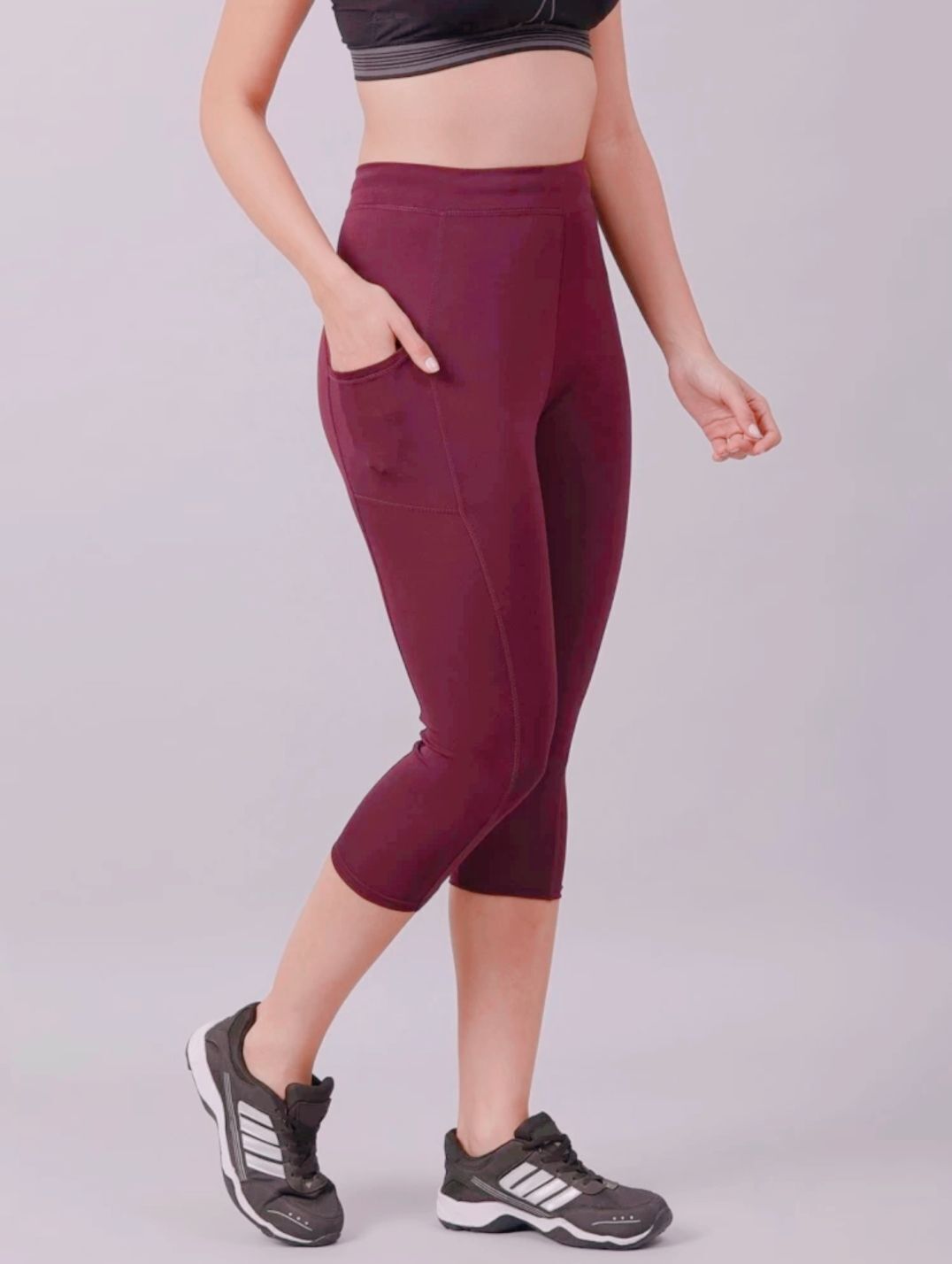 kgn hub Women Solid Maroon Capri Leggings with Pocket for Gym & Yoga Women Maroon Capri-picture-23