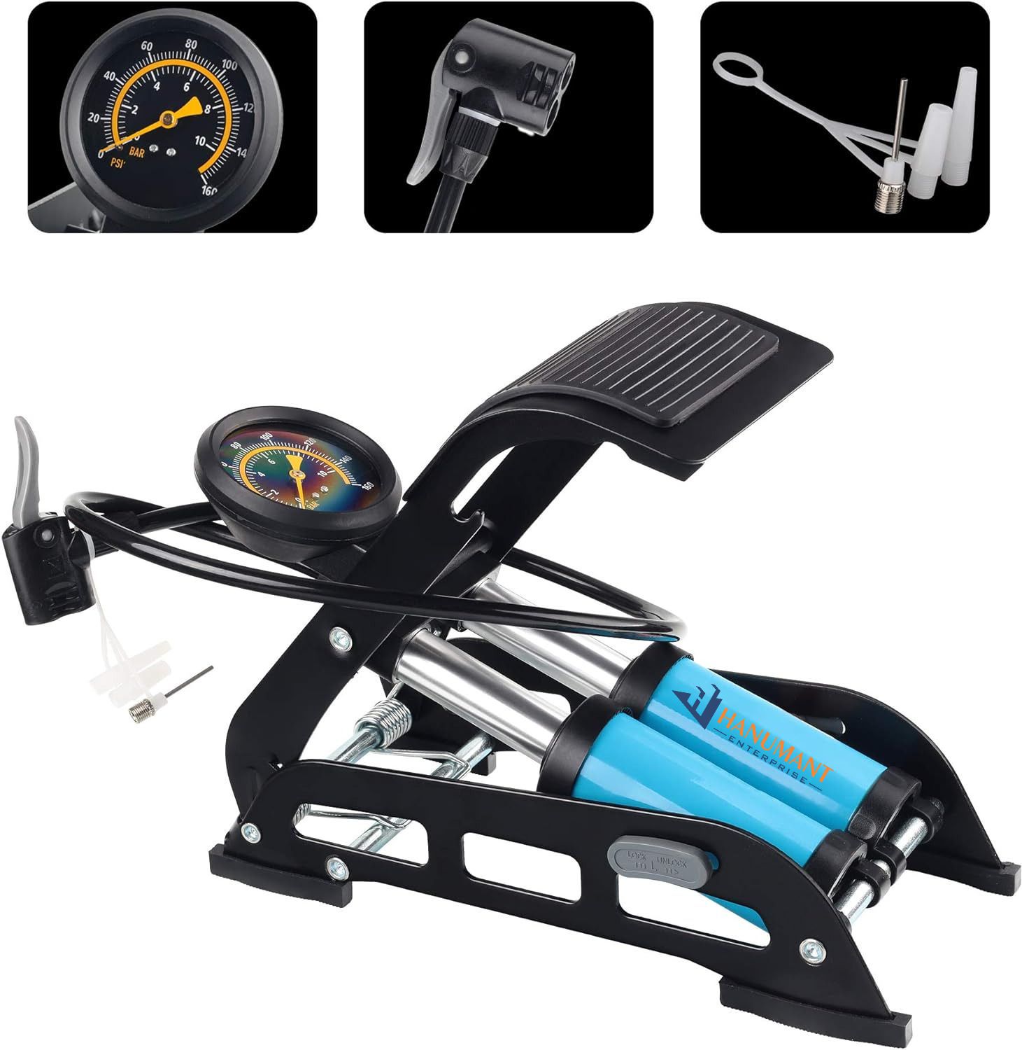 Double Barrel Bike Floor Foot Pump,Portable Air Pump Inflator Pump with 160PSI Car Pump-image-5