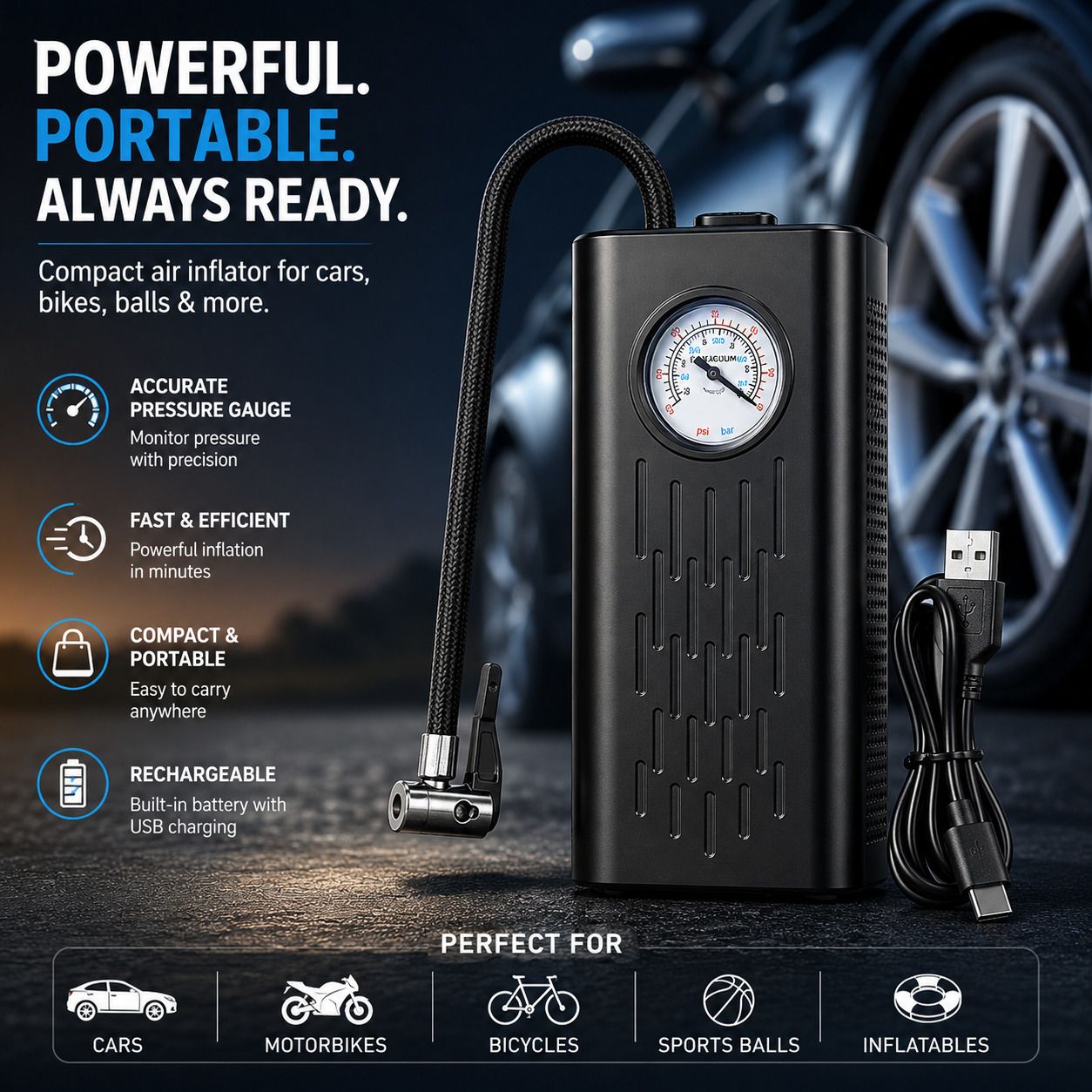 Cordless Air Pump 150 psi Tyre Air Pump for Car & Bike-image-28