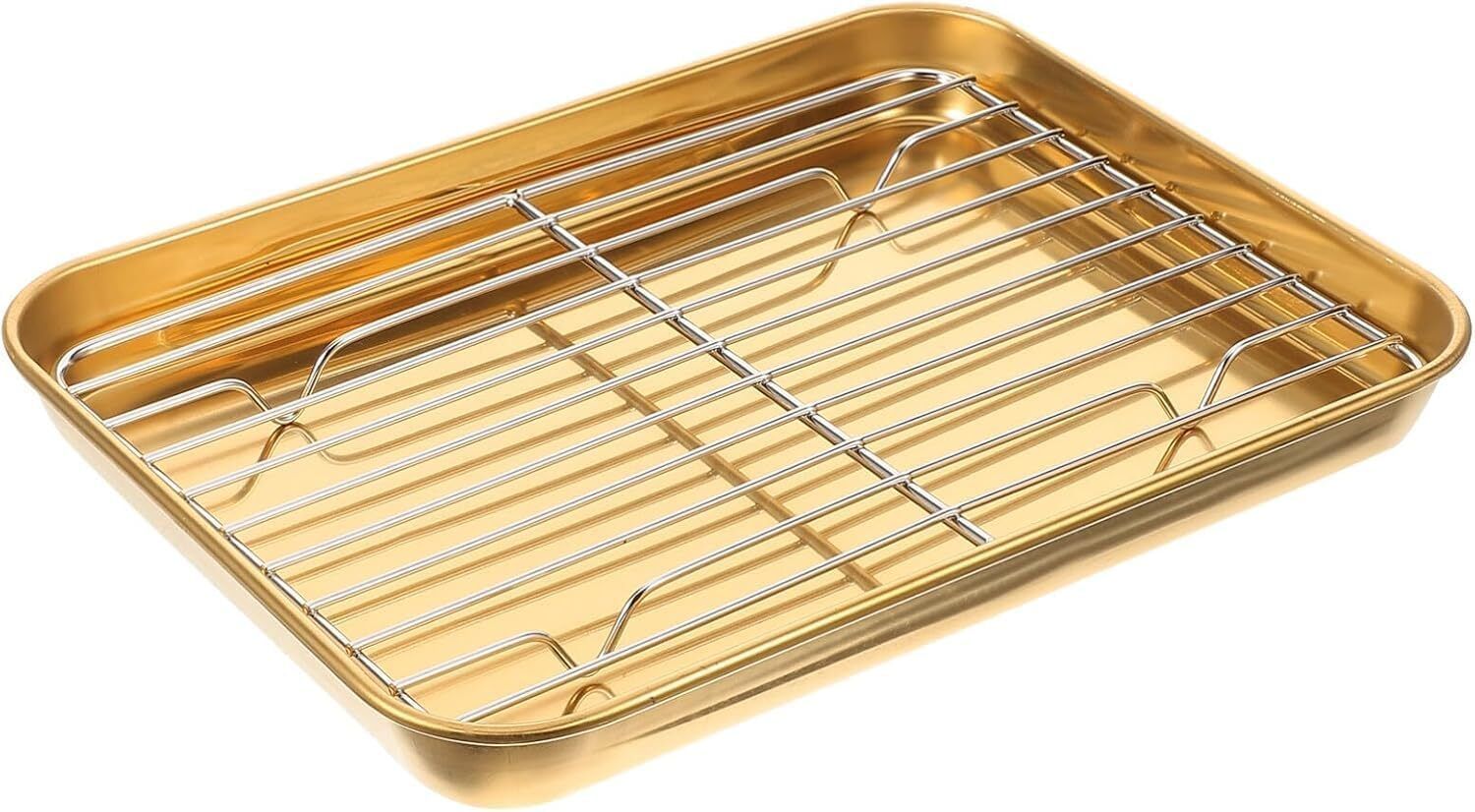 Gold Plated Stainless Steel Fries Serving Tray with Cooling Wire Rack 0 Slice Toast Rack-image-9