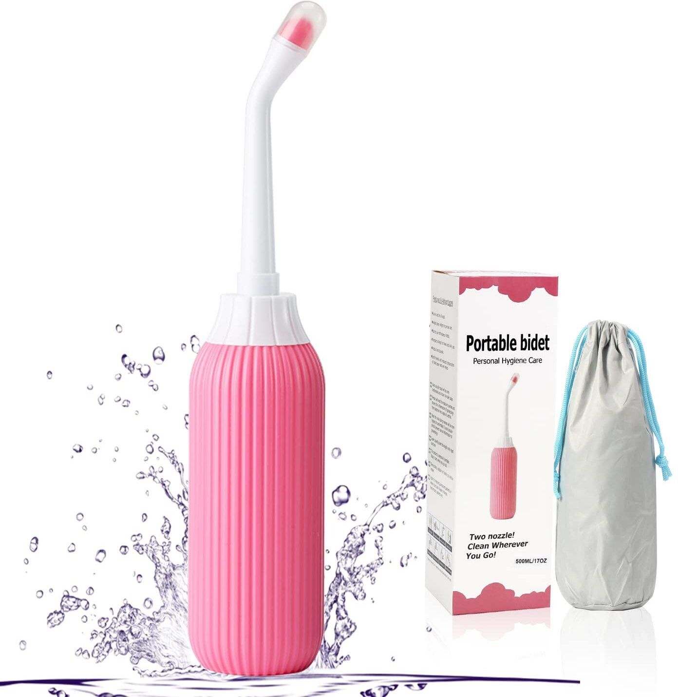 500ML Bidet Portable, Bidet Spray for Travel with Angled Nozzle Spray, Retractable Handheld Bidet Spray Portable of Antislip with Travel Bag (Pink) Bidet Nozzle