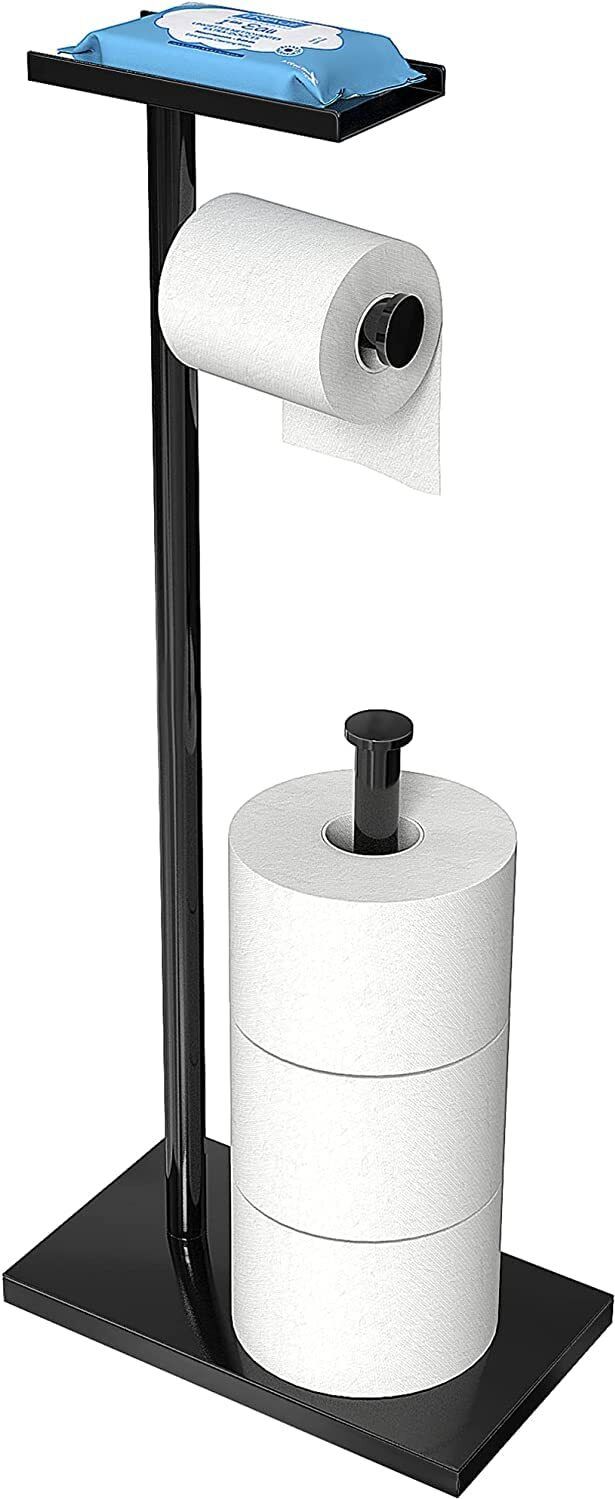 indian decor 51343 Black Toilet Paper Holder Stand with Phone Shelf, Bathroom Toliet Iron Toilet Paper Holder-picture-6