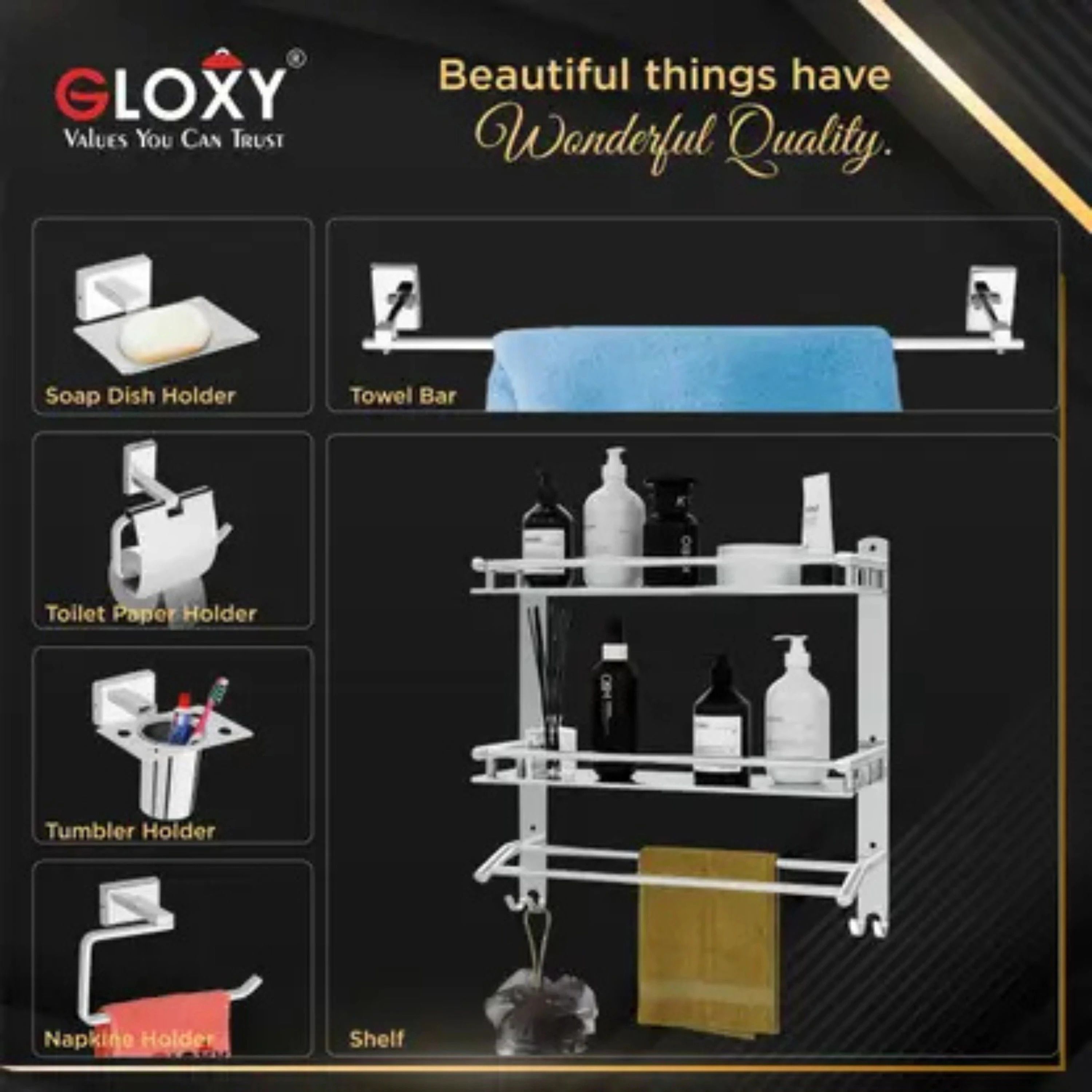 Bathroom Set | Shelf, Rod, Soap Dish, Toilet Paper Holder, Tumbler Holder & Ring Stainless Steel Toilet Paper Holder-image-1