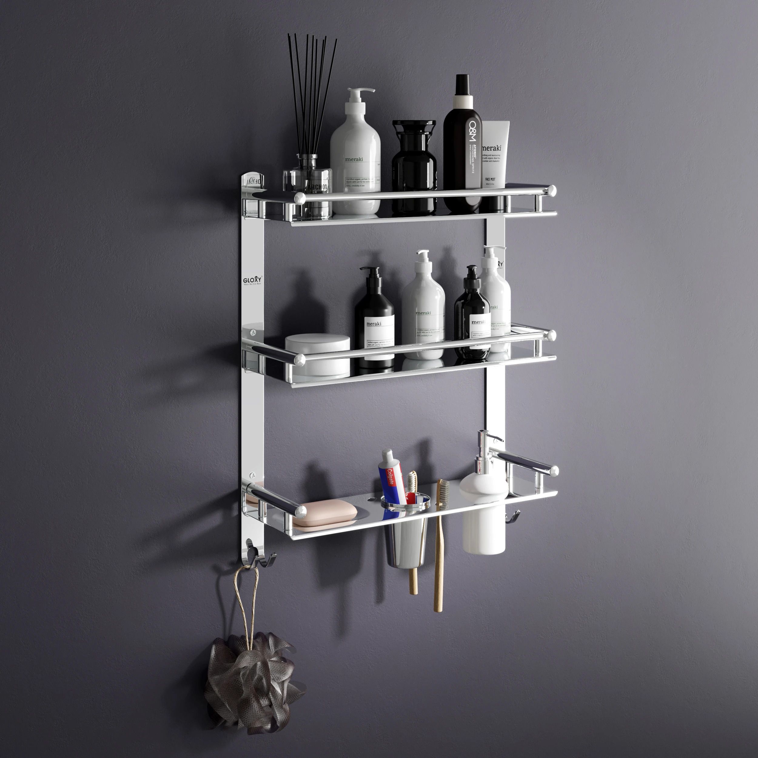 Multipurpose 3 Layer Shelf Rack with Toothbrush Holder, Dual Soap Dish Dispenser Stainless Steel Toilet Paper Holder-image-28