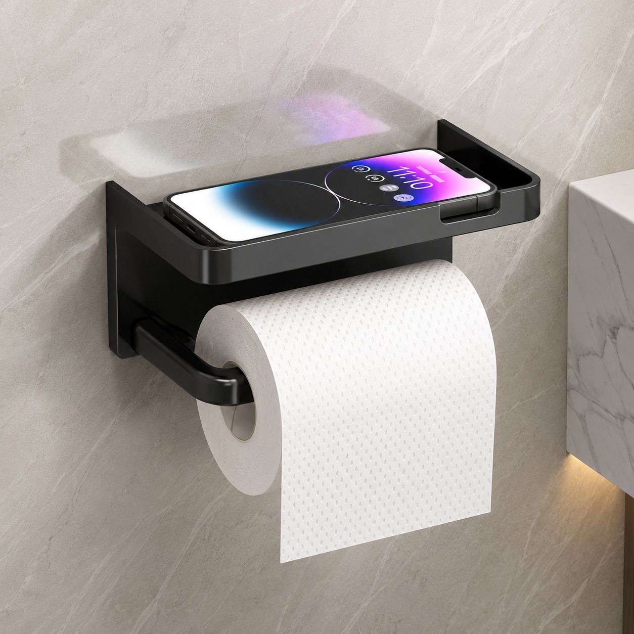 Self Adhesive No Drill Bathroom Tissue Roll Holder With Multiuse Storage Shelf Plastic Toilet Paper Holder-image-36