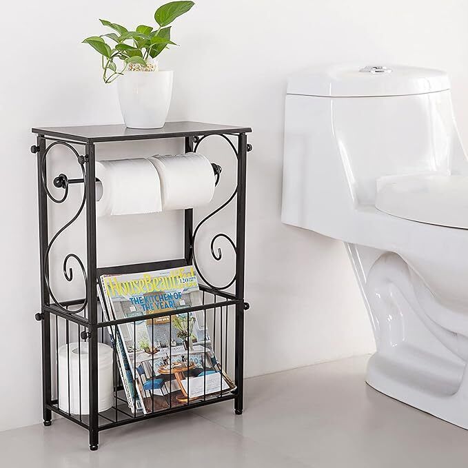 indian decor 38565 Space Saving Black Metal Bathroom Table Stand Storage Shelf Iron Toilet Paper Holder-picture-1
