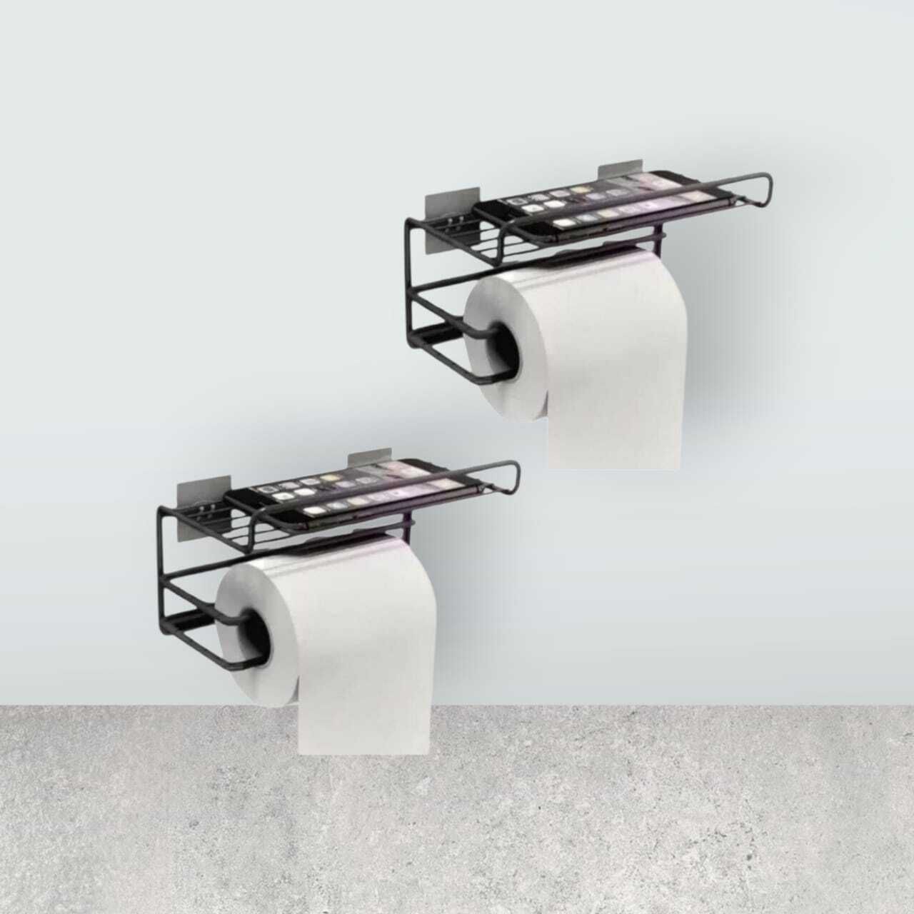 Toilet Paper Holder with Mobile Shelf, GI Steel Self Adhesive (Black, Pack of 2) Steel Toilet Paper Holder