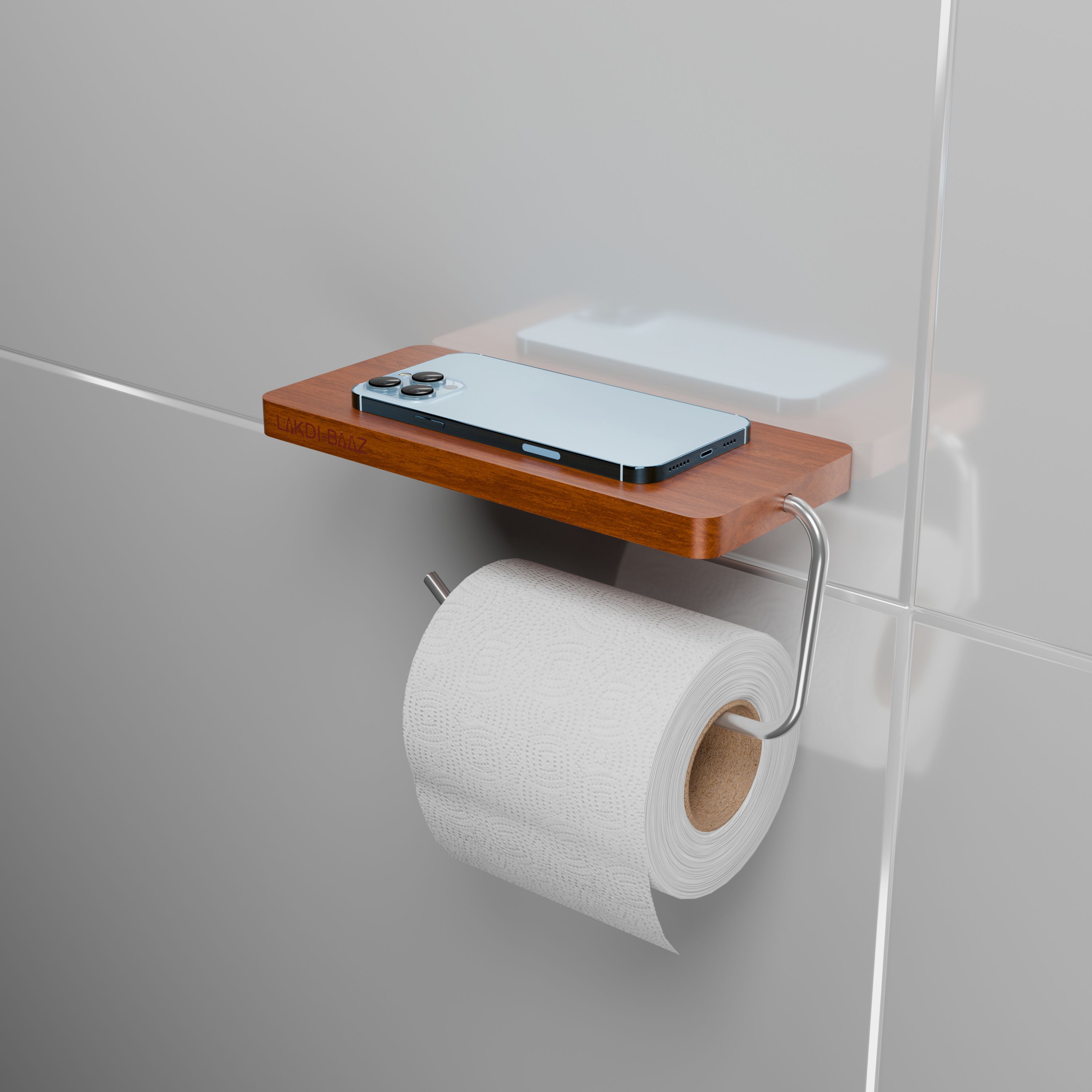 Wooden Toilet Paper Holder with Phone Shelf Wall Mounted Metal Silver Finish Wooden Toilet Paper Holder-image-38