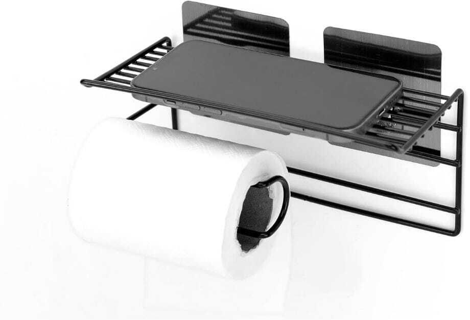 Metal Self Adhesive Toilet Paper Holder with Mobile Shelf & Towel Bar (Black) Steel Toilet Paper Holder-image-24