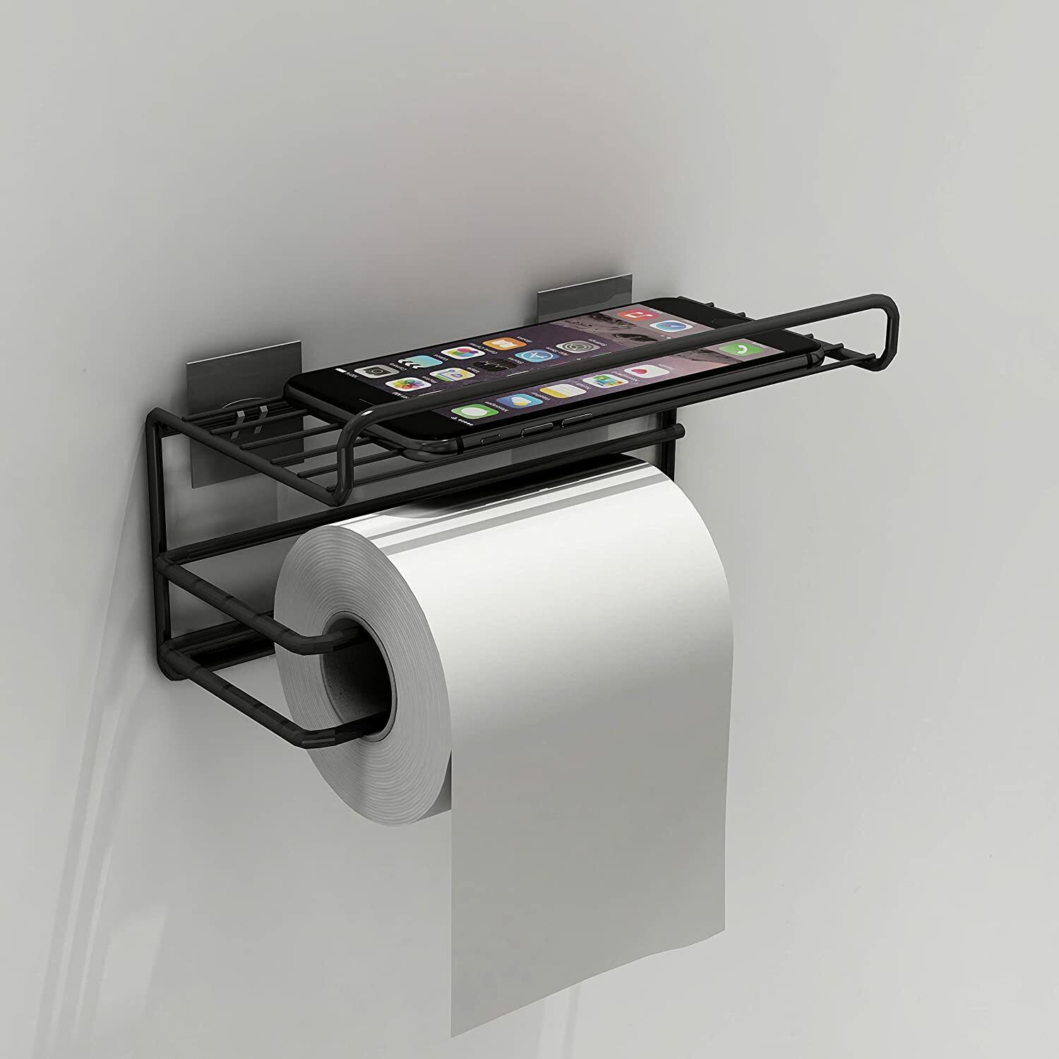 Heavy Duty Mild Steel Toilet Paper Holder with Mobile Phone Stand (Black) Iron Toilet Paper Holder