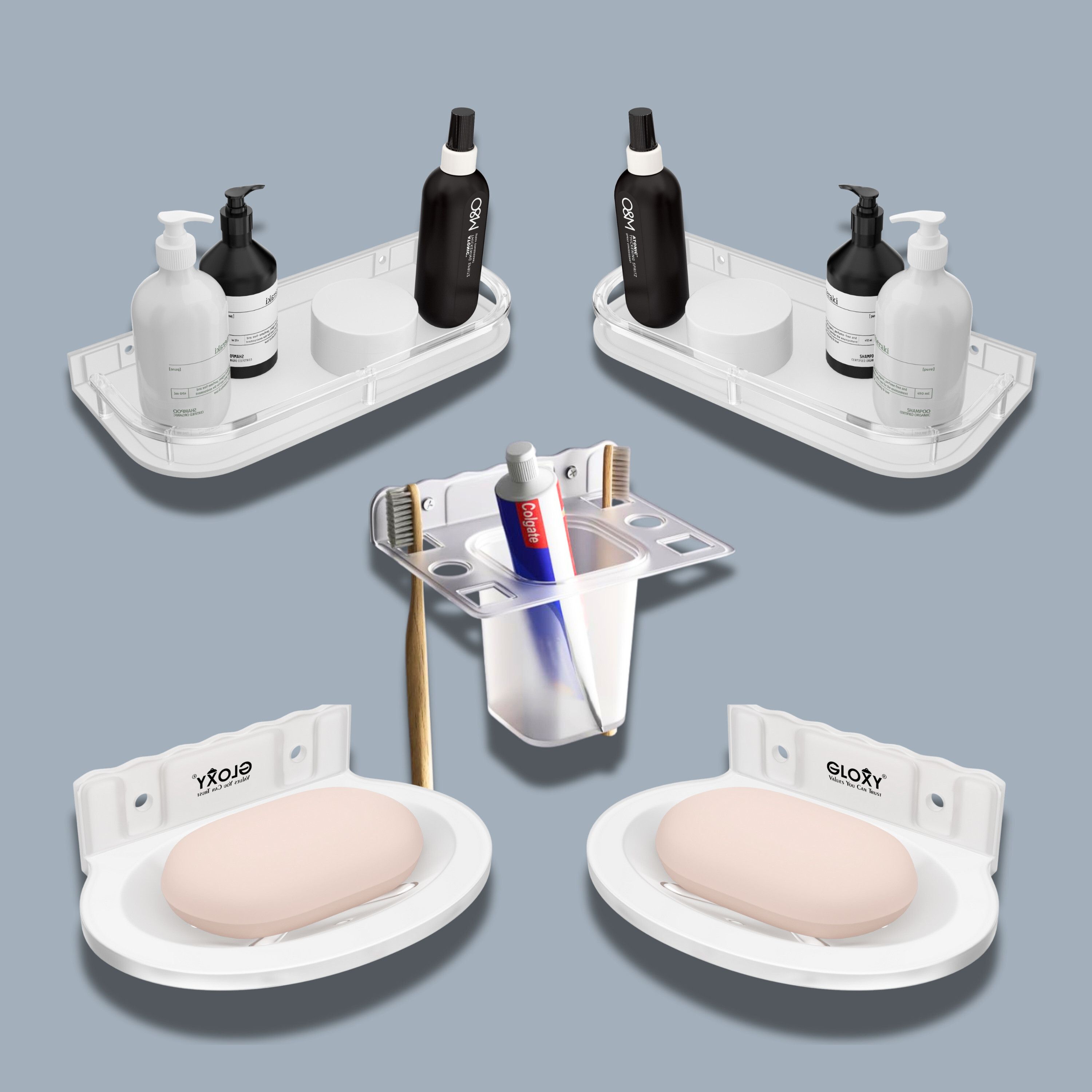5 in 1 Acrylic Bathroom Wall Shelf Combo Set|Soap Dish, Shelf & Toothbrush Stand Acrylic Toilet Paper Holder-image-29