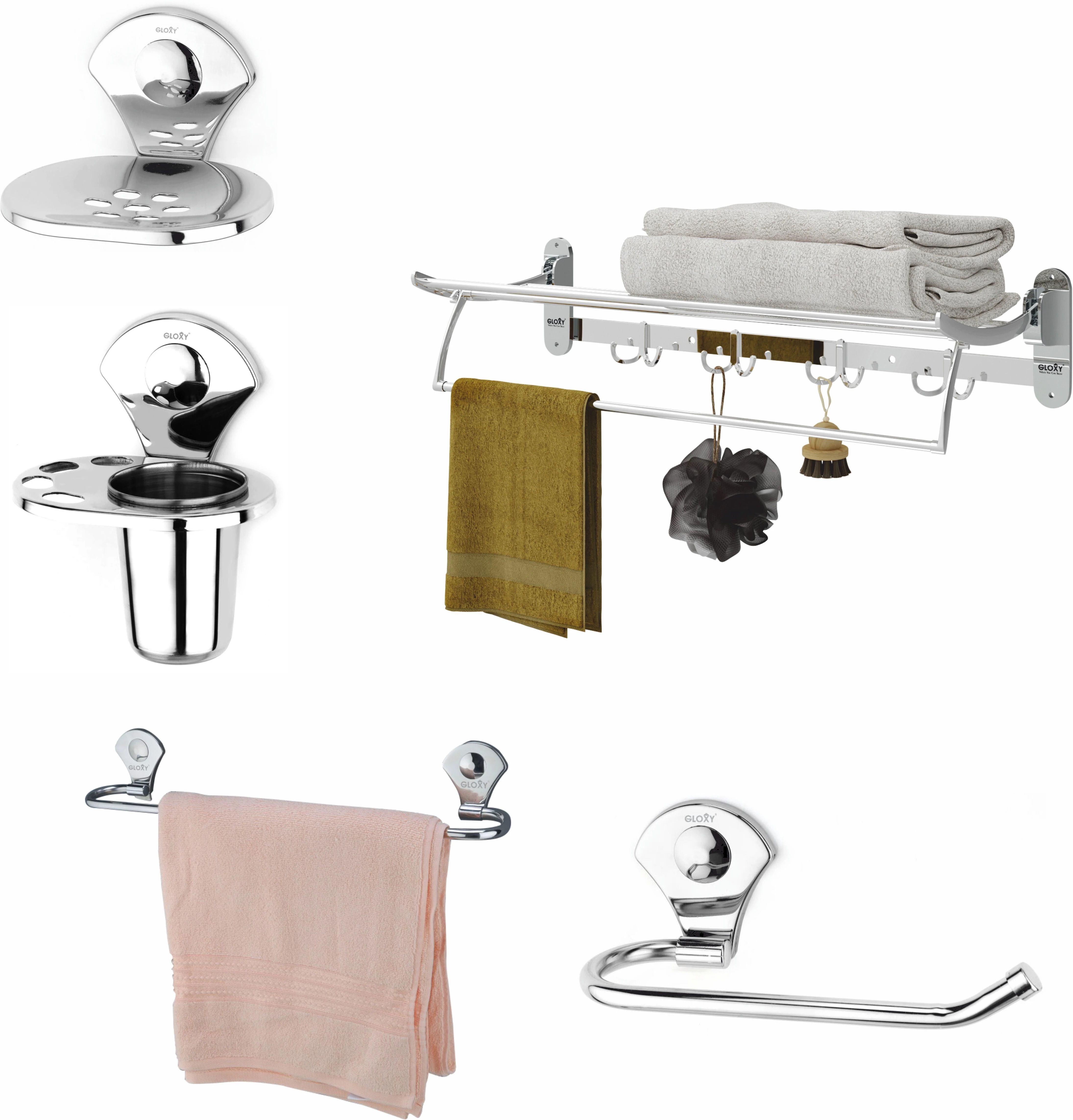 5 Pieces Folding Bathroom Set, Towel Rod, Soap Dish,ToothbrushHolder & TowelRing Silver Toilet Paper Holder-image-10