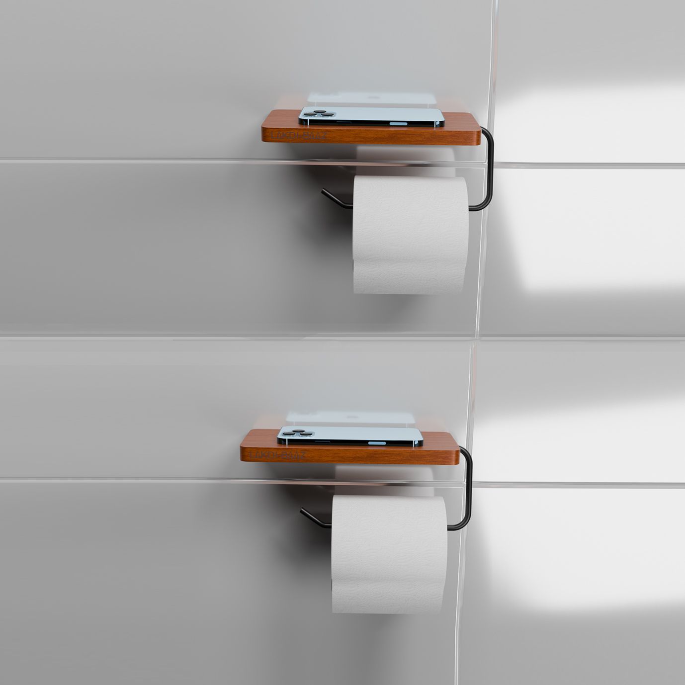 Wooden Toilet Paper Holder with Phone Shelf Wall Mount Metal Black Finish - 2 Wooden Toilet Paper Holder-image-41