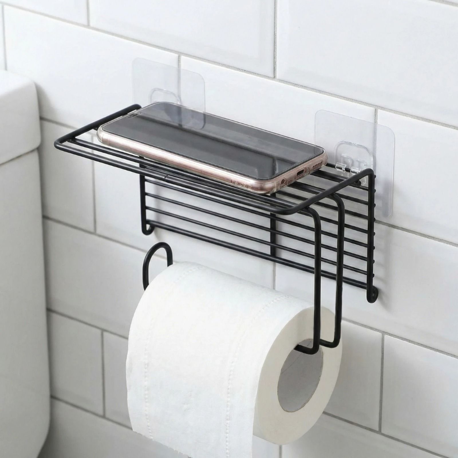 multipurpose black metal bathroom shelf with towel bar and mobile holder tray Stainless Steel Toilet Paper Holder-image-41