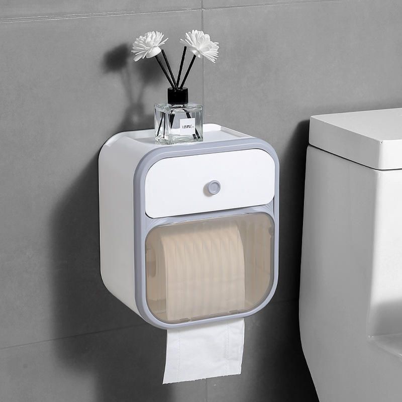 Wall Mounted Tissue Roll Holder Tray Space-Saving Bathroom Rack Plastic Toilet Paper Holder-image-26