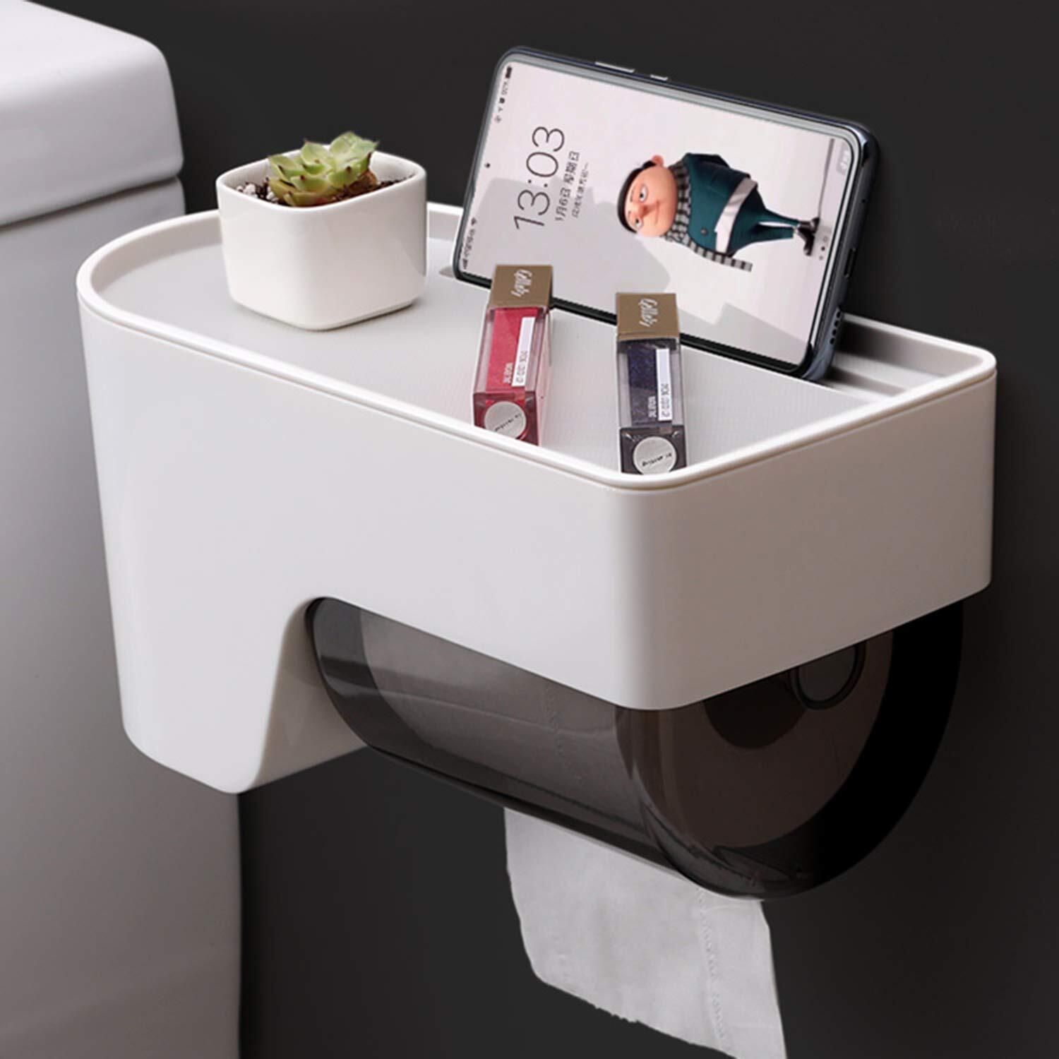Magic Sticker Series No Drill Dispenser with White Storage Compartment Pack of 1 Glass Toilet Paper Holder-image-23