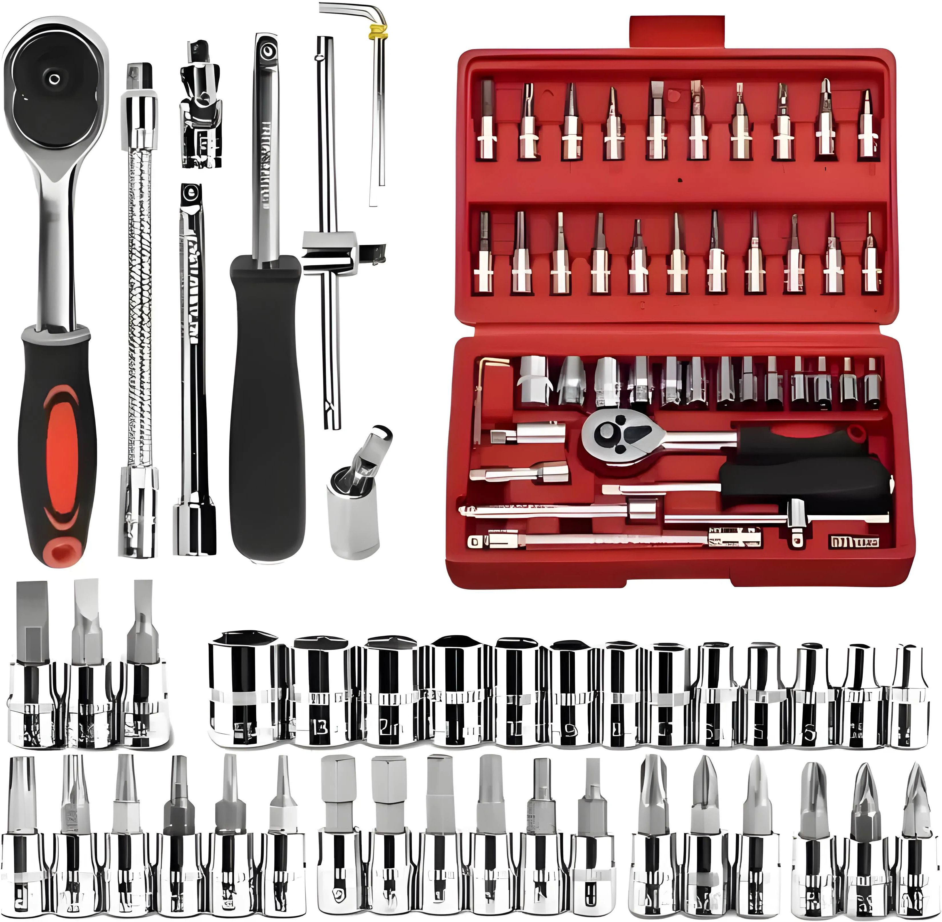 46PCS Sockets, Extension Bars, Mechanic Kits for Household Auto Repair Set Tool Box