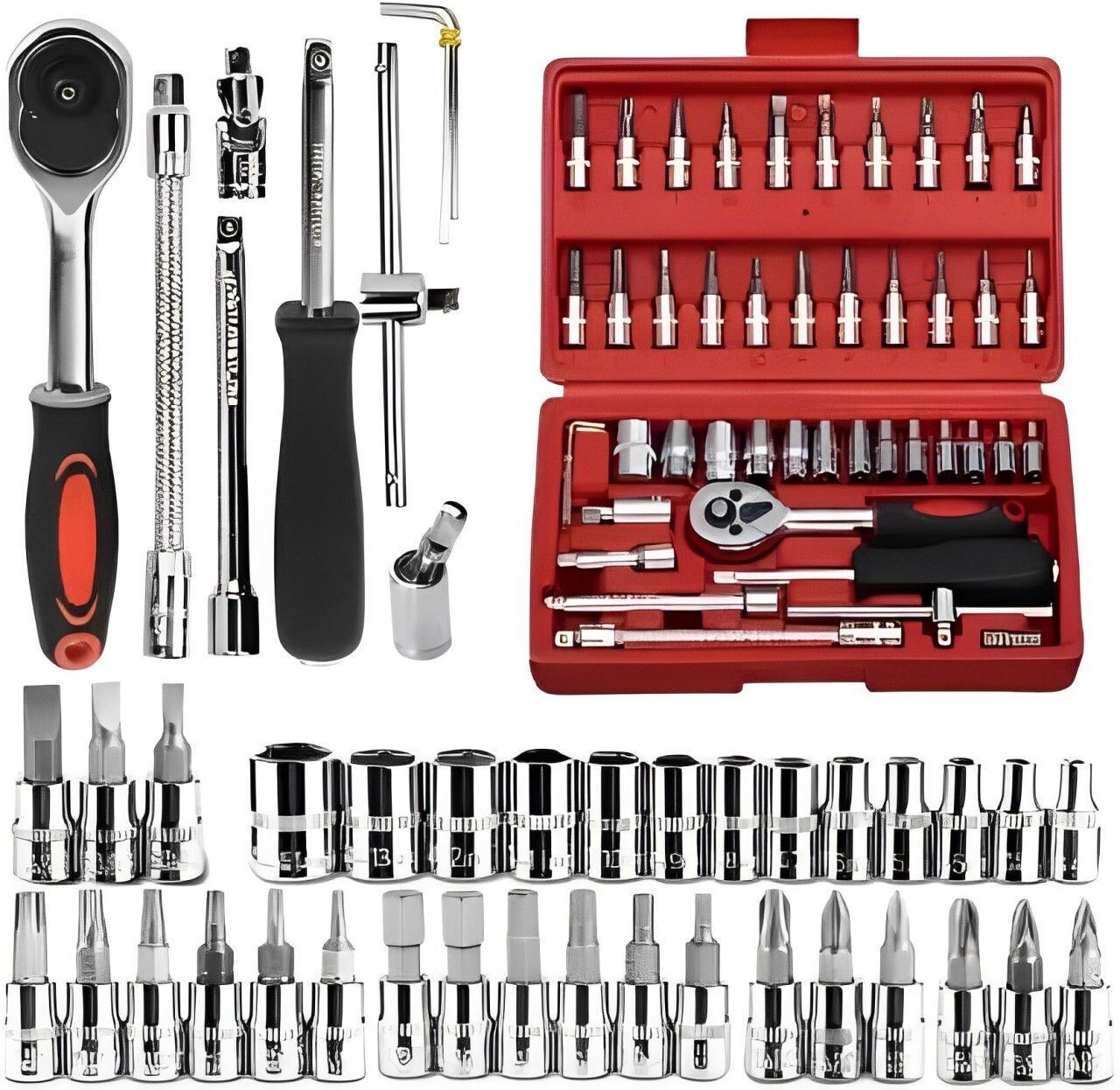 46 Pcs 1/4” Drive Socket Ratchet Wrench Set Cycling Metric sockets, bit sockets, ratchet, extension bars (46 pcs)-image-19