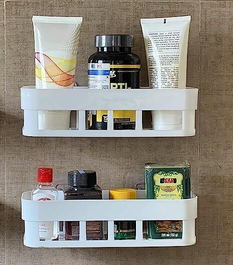 Home Kitchen Bathroom Accessories Rack Shelf with Strong Adhesive Magic Sticker Plastic Wall Shelf-image-29