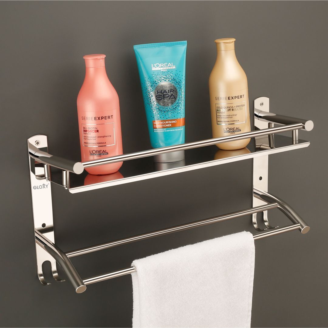Stainless Steel Single Layer Shelf Rack with Towel Rod for Bathroom Shelf Silver Towel Holder