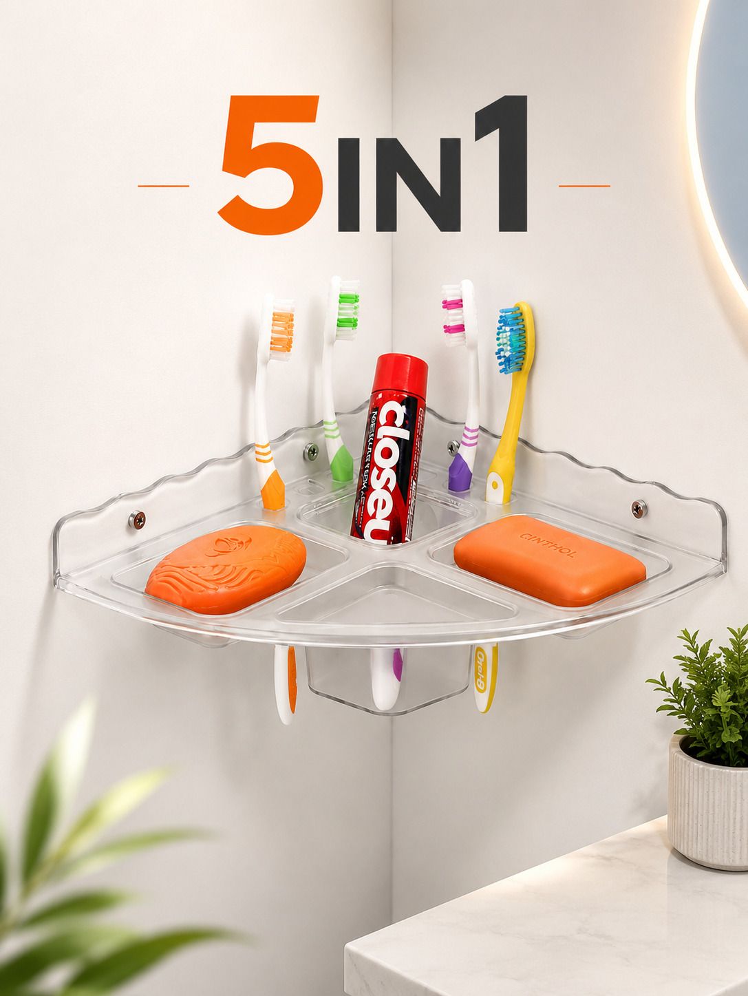 5 in 1 Multipurpose Bathroom corner Shelf/soap dish rack Toothbrush Holder Plastic Wall Shelf-image-18