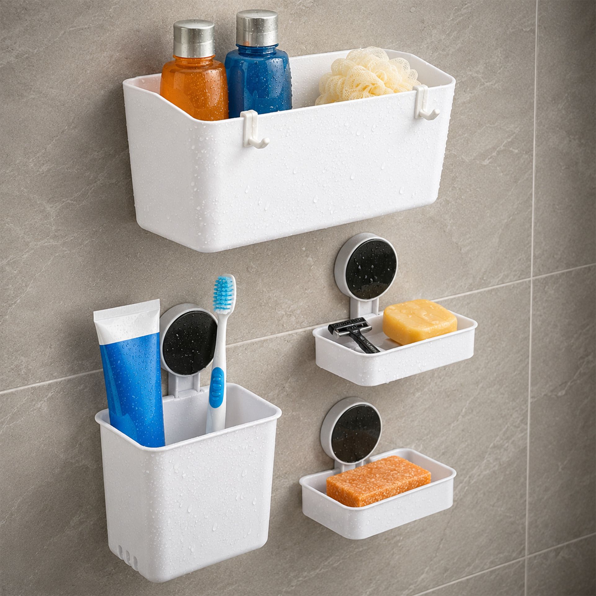swapkart Self Adhesive Bathroom Organizer Combo with Basket & Hooks Plastic Wall Shelf-picture-31