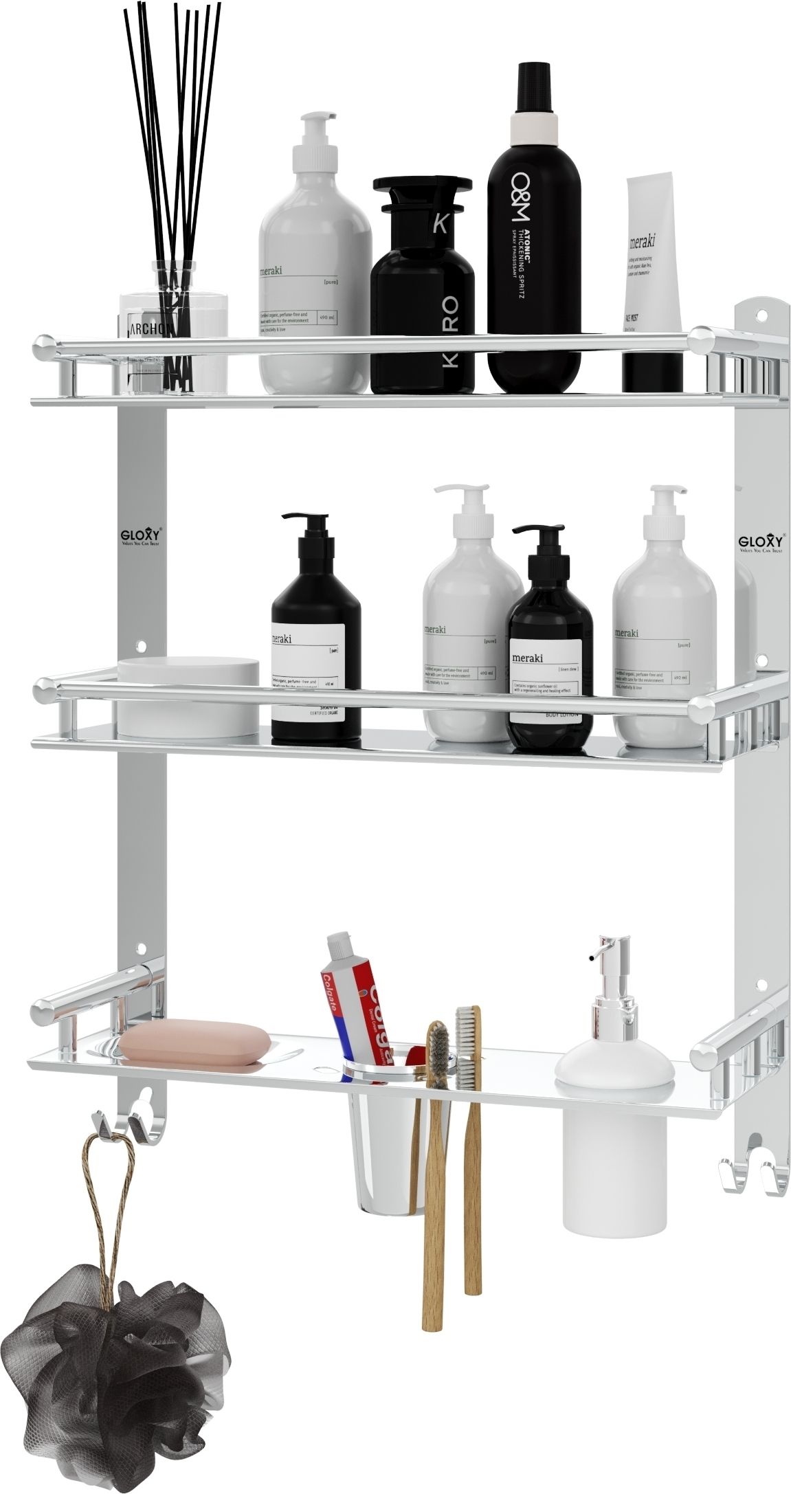 3 Layer Multipurpose Shelf/Rack with Dual Soap Dish/Toothbrush/Dispenser holder 15 inch 3 Bar Towel Rod-image-10