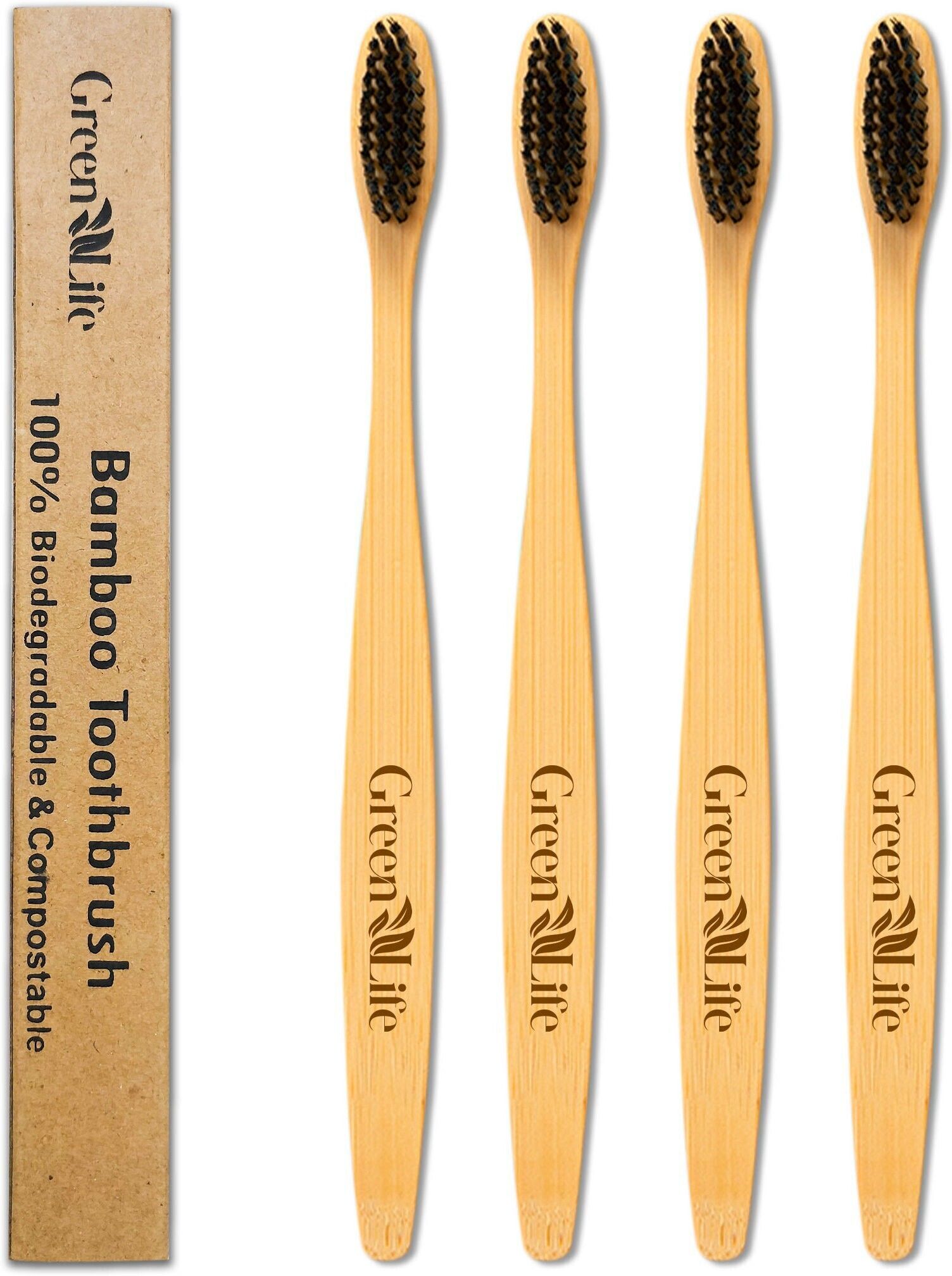 greenlife Bamboo Charcoal Toothbrush Natural Wooden ECO Friendly Toothbrush with Soft Medium Bristles (Pack of 4) Medium Toothbrush-picture-47