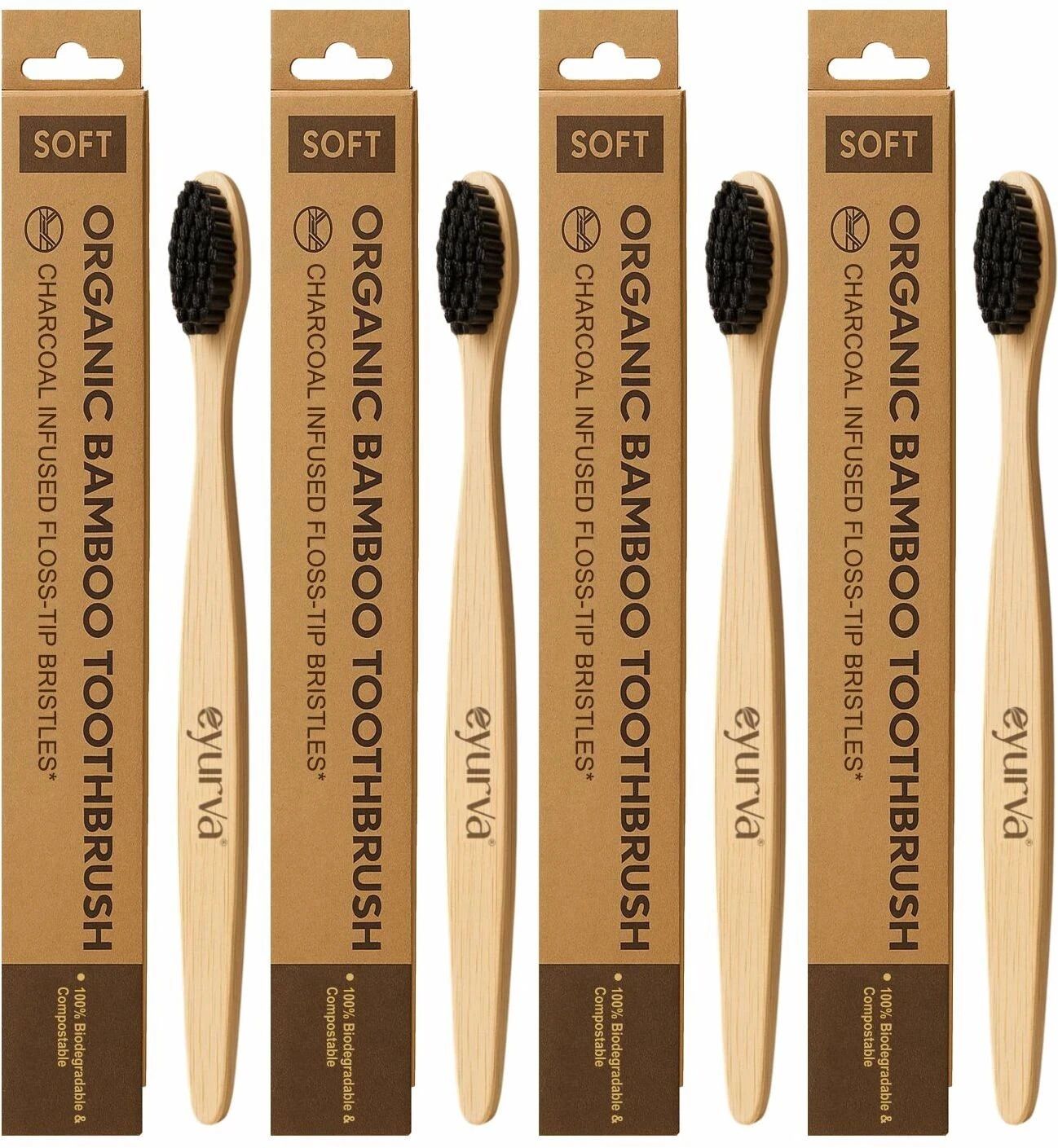 eyurva 4 Pcs organic Bamboo toothbrush | bamboo with charcoal activated bristles Soft Toothbrush-picture-24