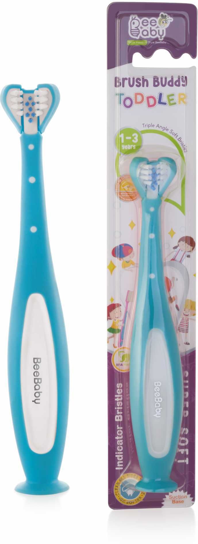 beebaby 3 Side Brush Buddy Kids Toothbrush. Suction Cup|Indicator Bristles|BPA Free|Blue Extra Soft Toothbrush-picture-15