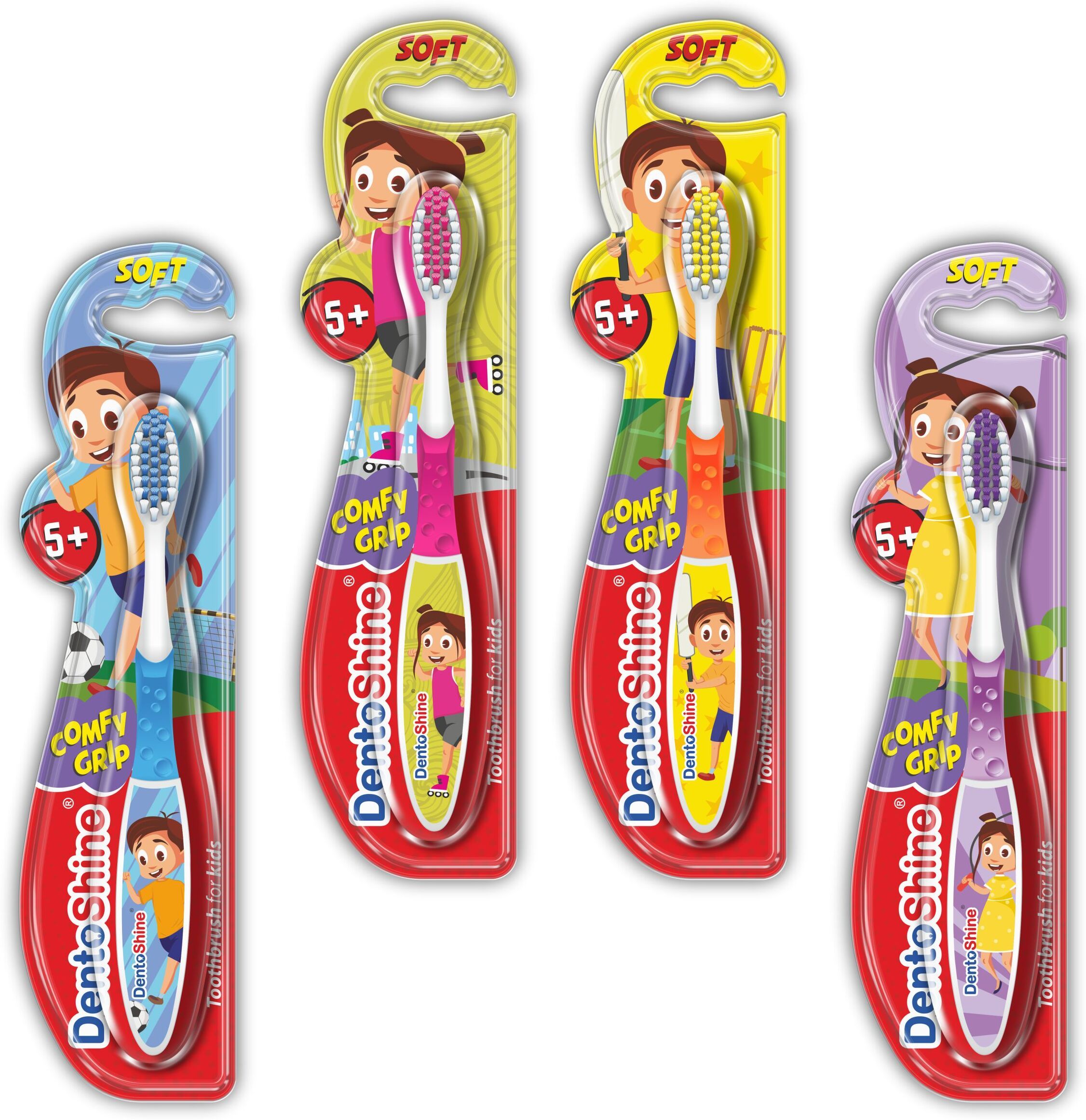 COMFY Grip Toothbrush for Kids Ages 5+ (Orange, Blue, Purple, Pink, Pack of 4 designs) Soft Toothbrush