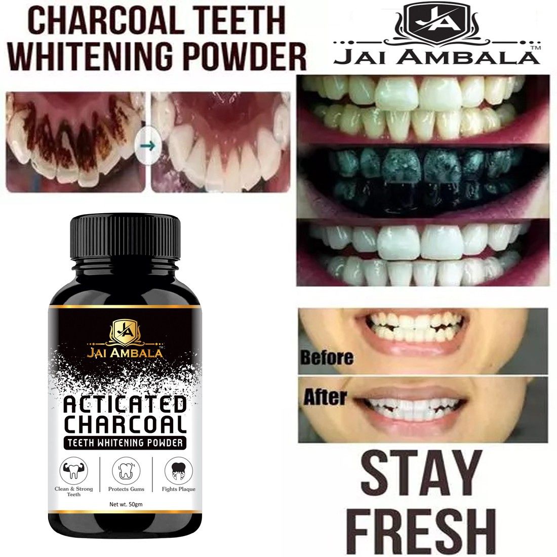jai ambala COCONUT SHELL CHARCOAL TEETH WHITINING POWDER REMOVES BAD BREATH AND CLEAN TEETH Teeth Whitening Kit-picture-23