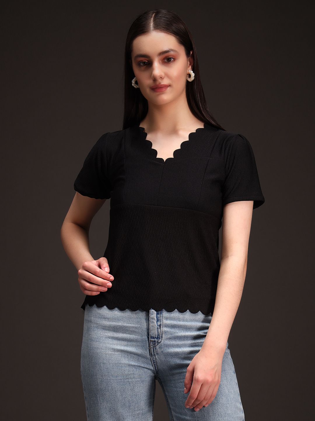 Casual Regular Sleeves Laser Cut, Solid, Self Design Women Black Top