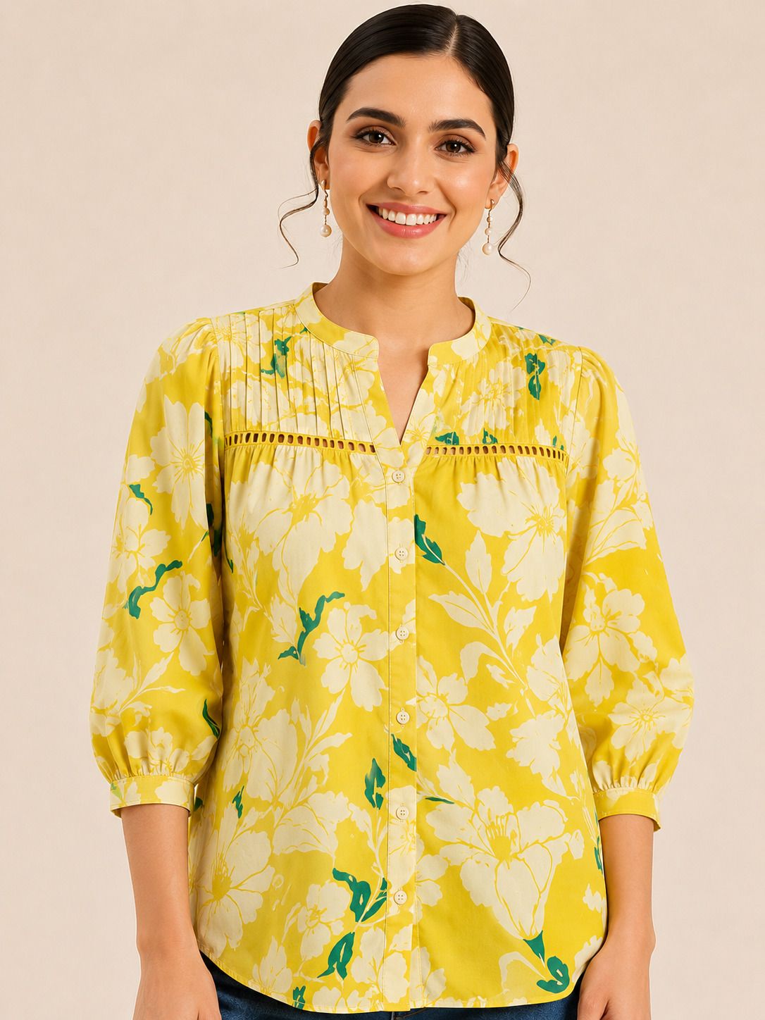 Casual Puff Sleeves Printed Women Yellow Top-image-48