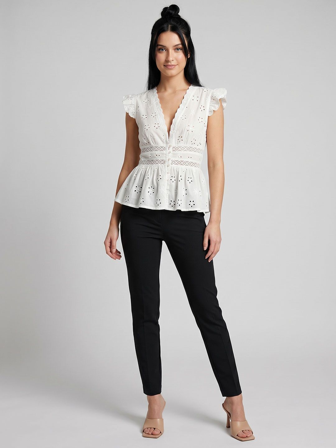 bebe Casual Flutter Sleeves Embroidered Women White Top-picture-13