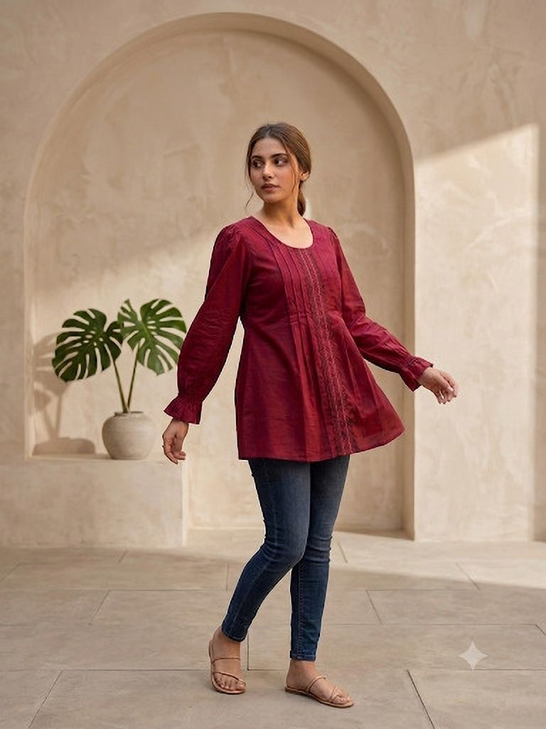 Casual Puff Sleeves Self Design, Lace Women Blue Top-image-15
