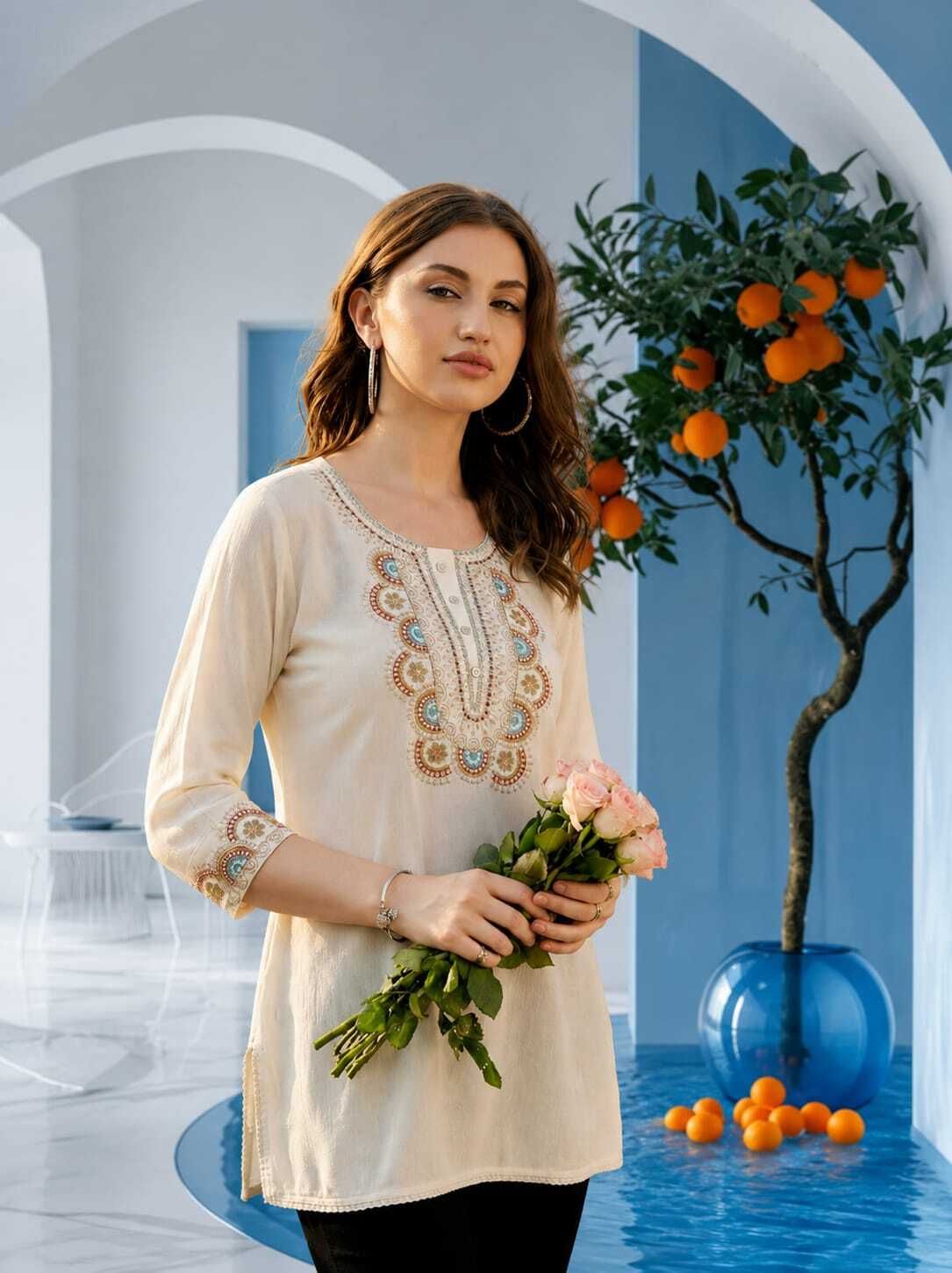 Casual Regular Sleeves Embroidered Women Beige Top-image-24