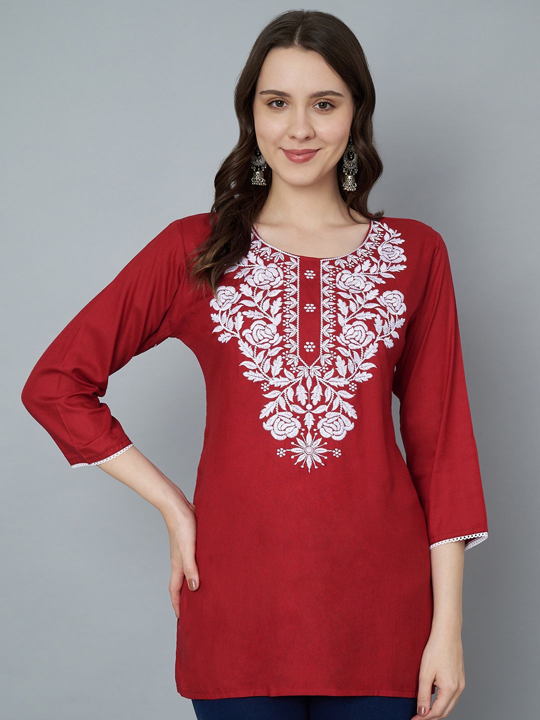 trend level Casual Regular Sleeves Embroidered Women Maroon, White Top-picture-34
