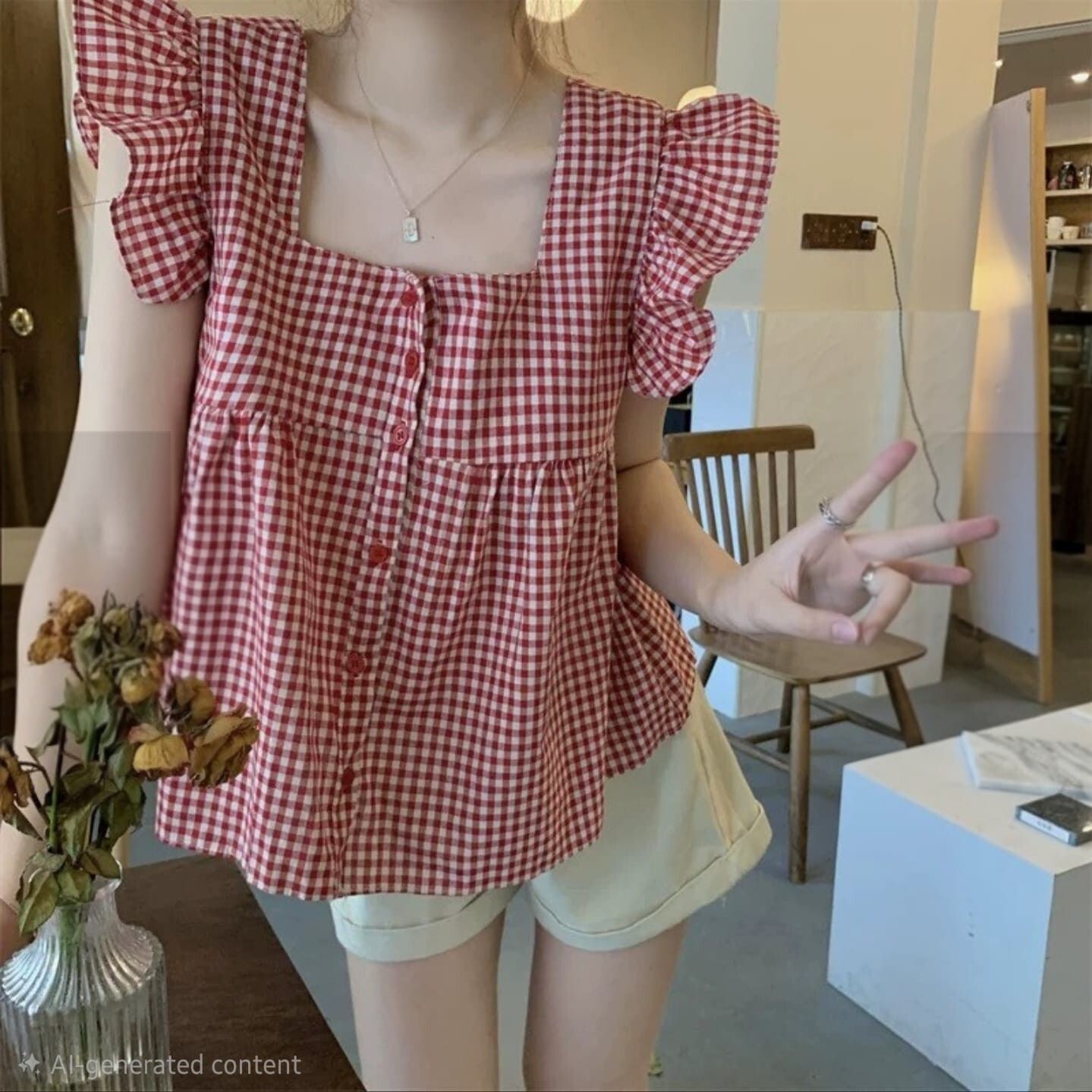 Party Ruffled Sleeves Checkered Women Red Top-image-31