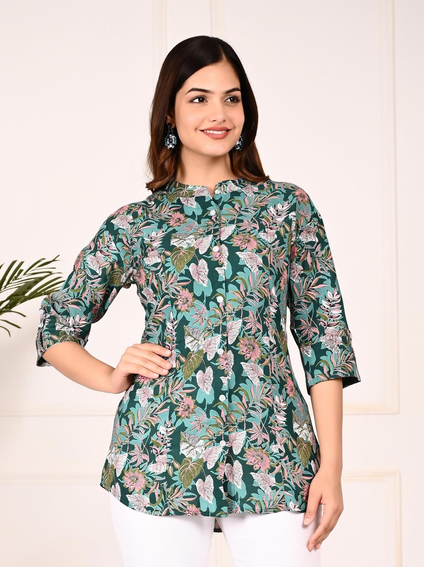 gudwear Casual Roll Up Sleeves Printed Women Green Top-picture-19