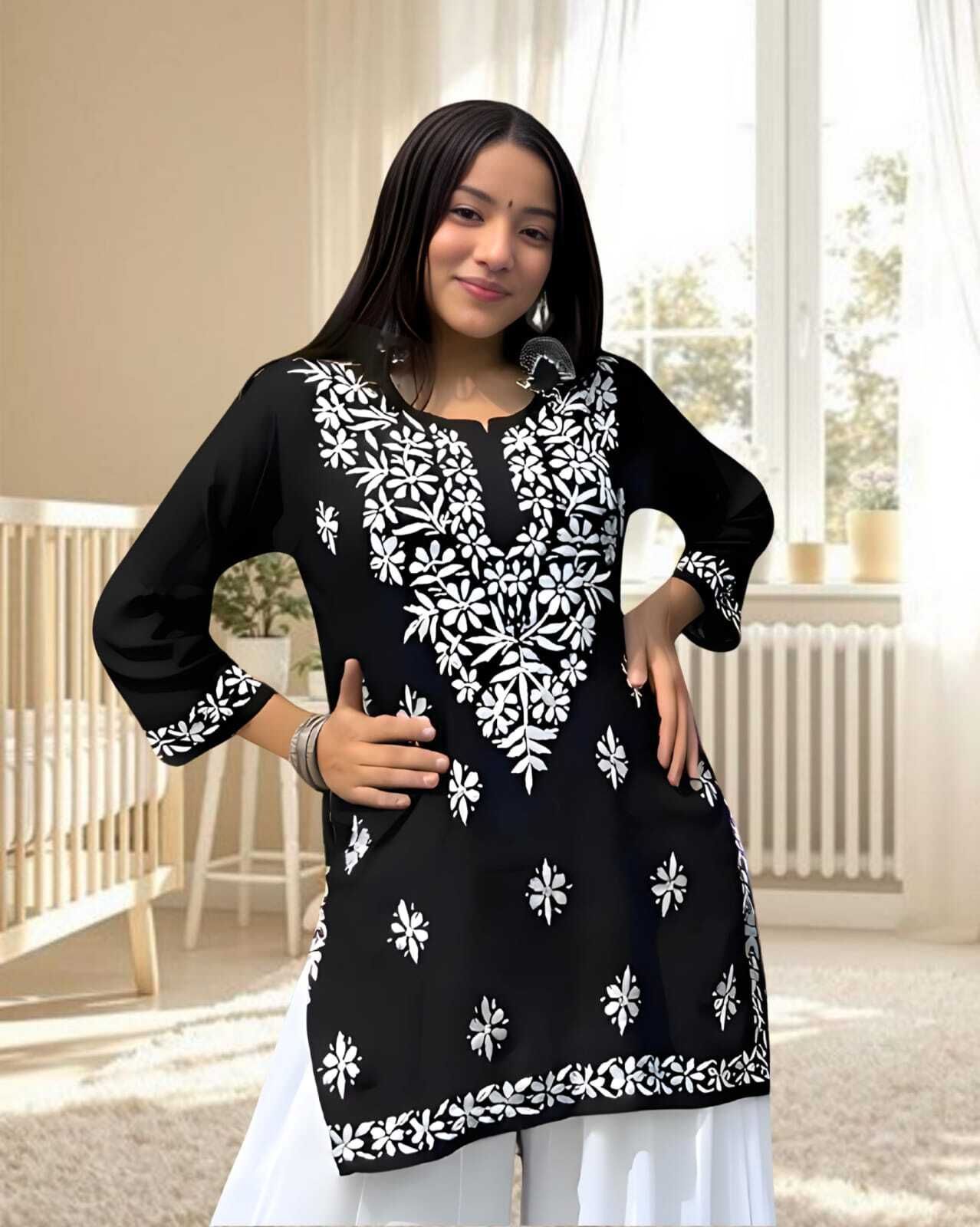 virass creation Casual Cap Sleeves Embroidered Women Black Top-picture-20