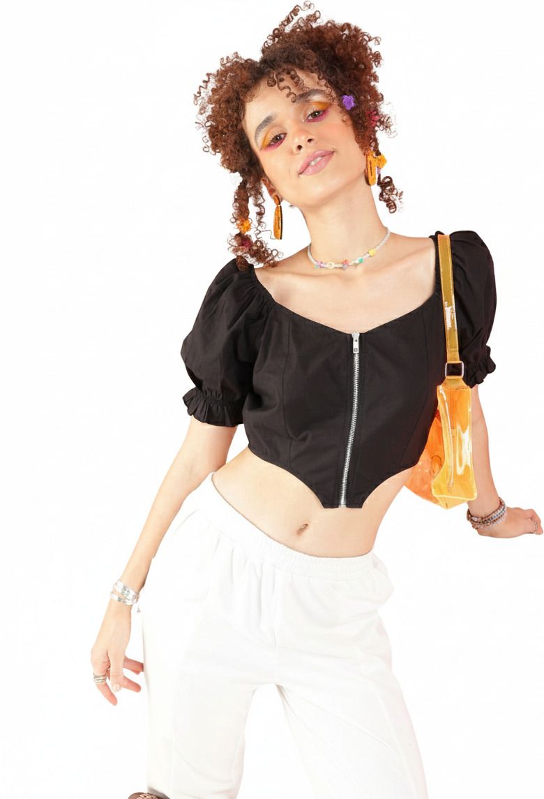 Party Puff Sleeves Solid Women Black Top-image-2