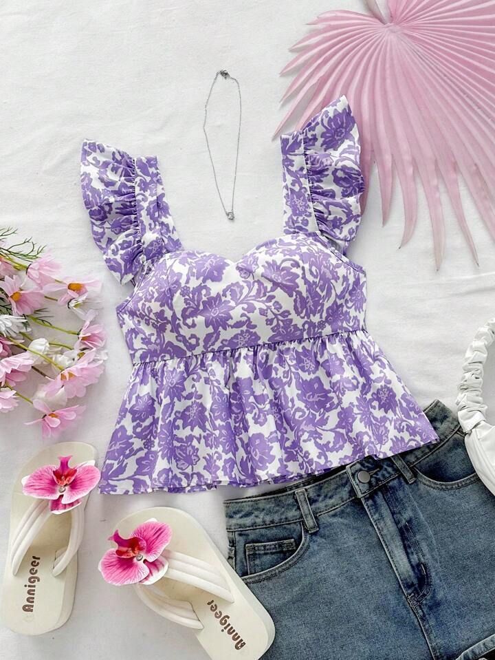 niloberry Party Ruffled Sleeves Floral Print Women Purple Top-picture-28