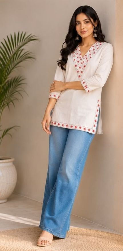 dhyani enterprise Casual Regular Sleeves Embroidered Women White, Red Top-picture-10