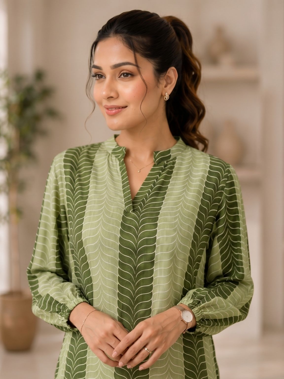 Casual Cuffed Sleeves Striped Women Green Top-image-6