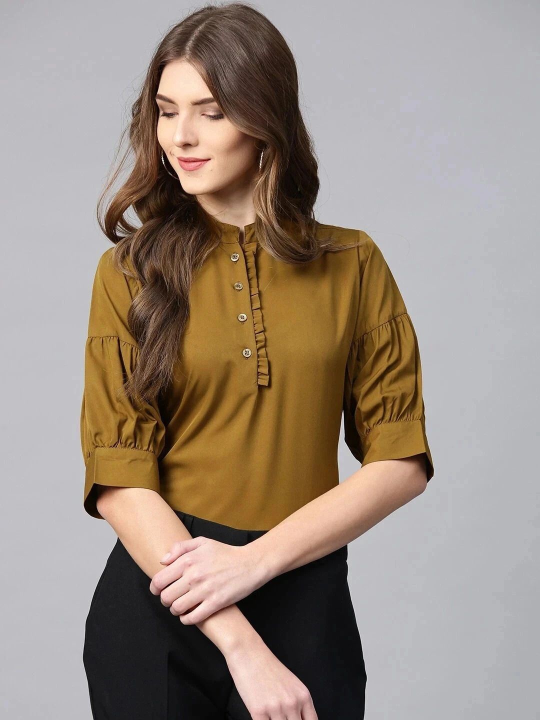 Casual Cuffed Sleeves Solid Women Green Top-image-33