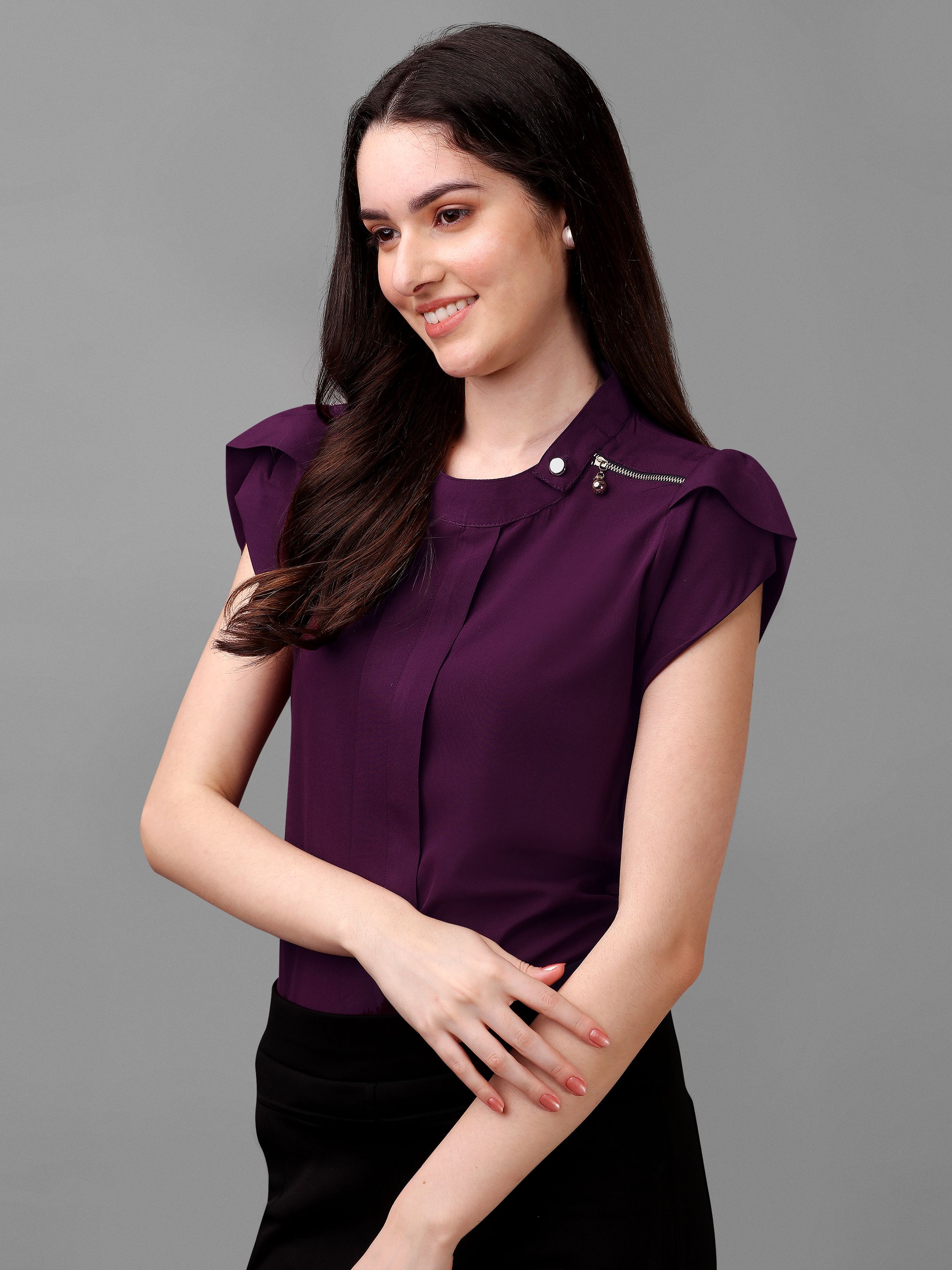 Casual Cap Sleeves Solid Women Purple Top-image-30